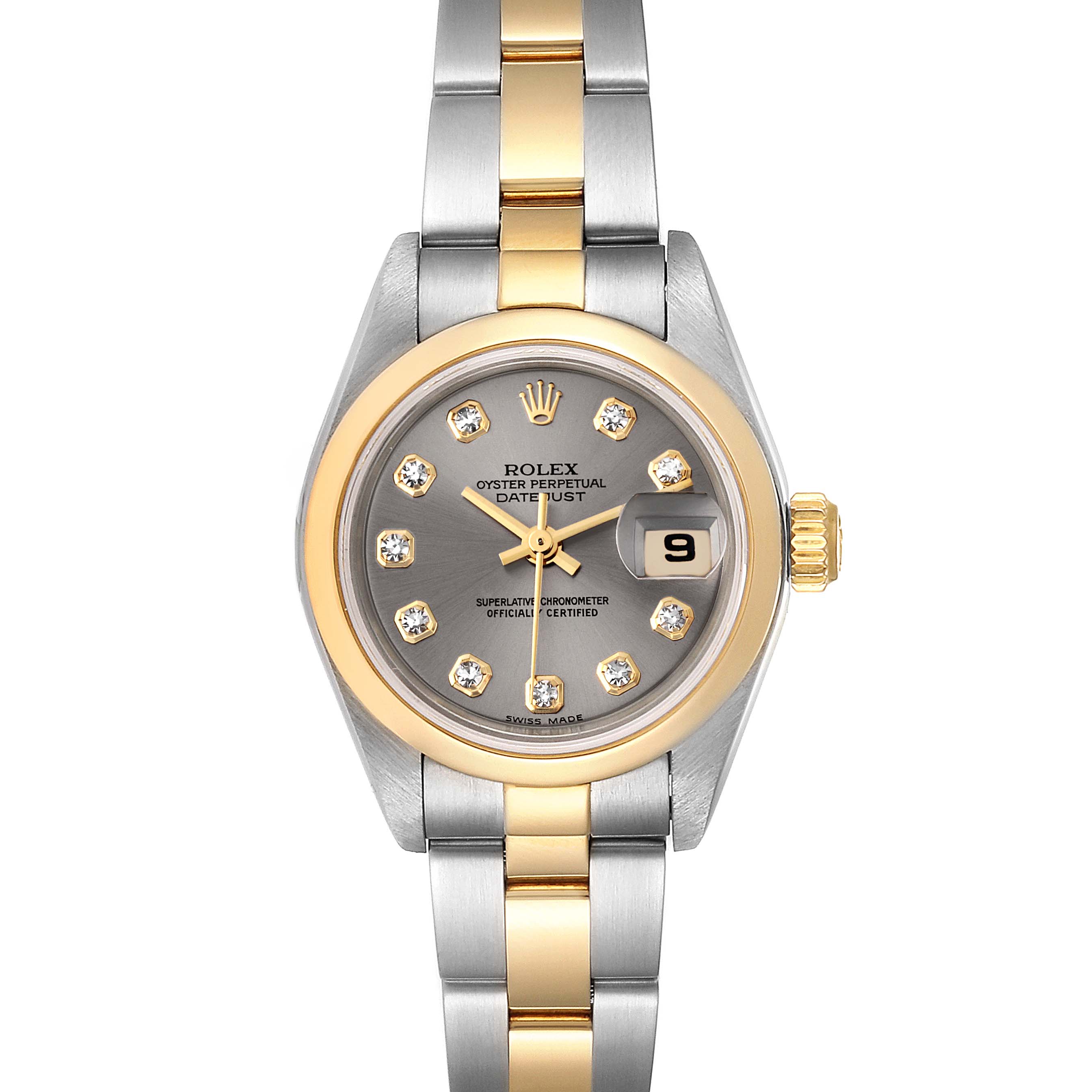 The image shows a front view of a Rolex Datejust 79163  Women
s Steel and Gold (two tone) Grey Dial 79163  Women
s Steel and Gold (two tone) Grey Dial watch, featuring a gold and silver bracelet, grey dial, and diamond hour markers.