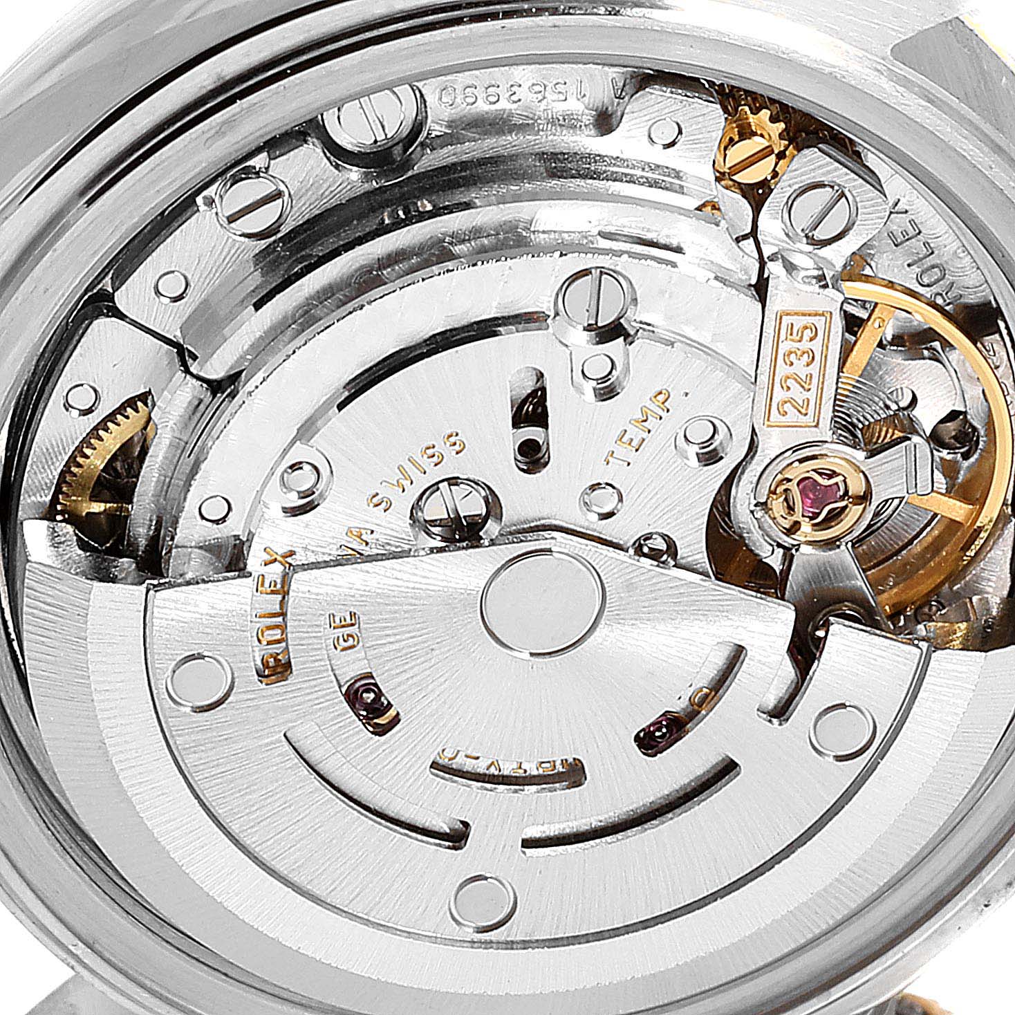 This image shows a close-up view of the movement inside a Rolex Datejust 79163  Women
s Steel and Gold (two tone) Grey Dial 79163  Women
s Steel and Gold (two tone) Grey Dial watch.