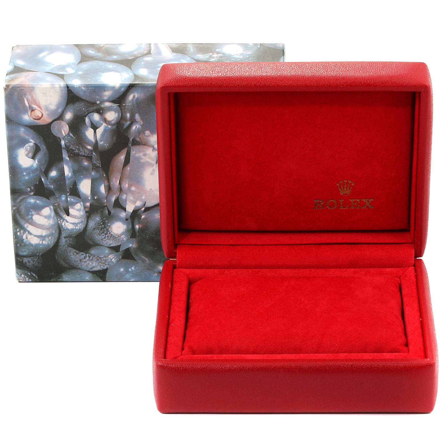 The image shows a red Rolex Datejust 79163  Women
s Steel and Gold (two tone) Grey Dial 79163  Women
s Steel and Gold (two tone) Grey Dial watch box and its outer decorative packaging.