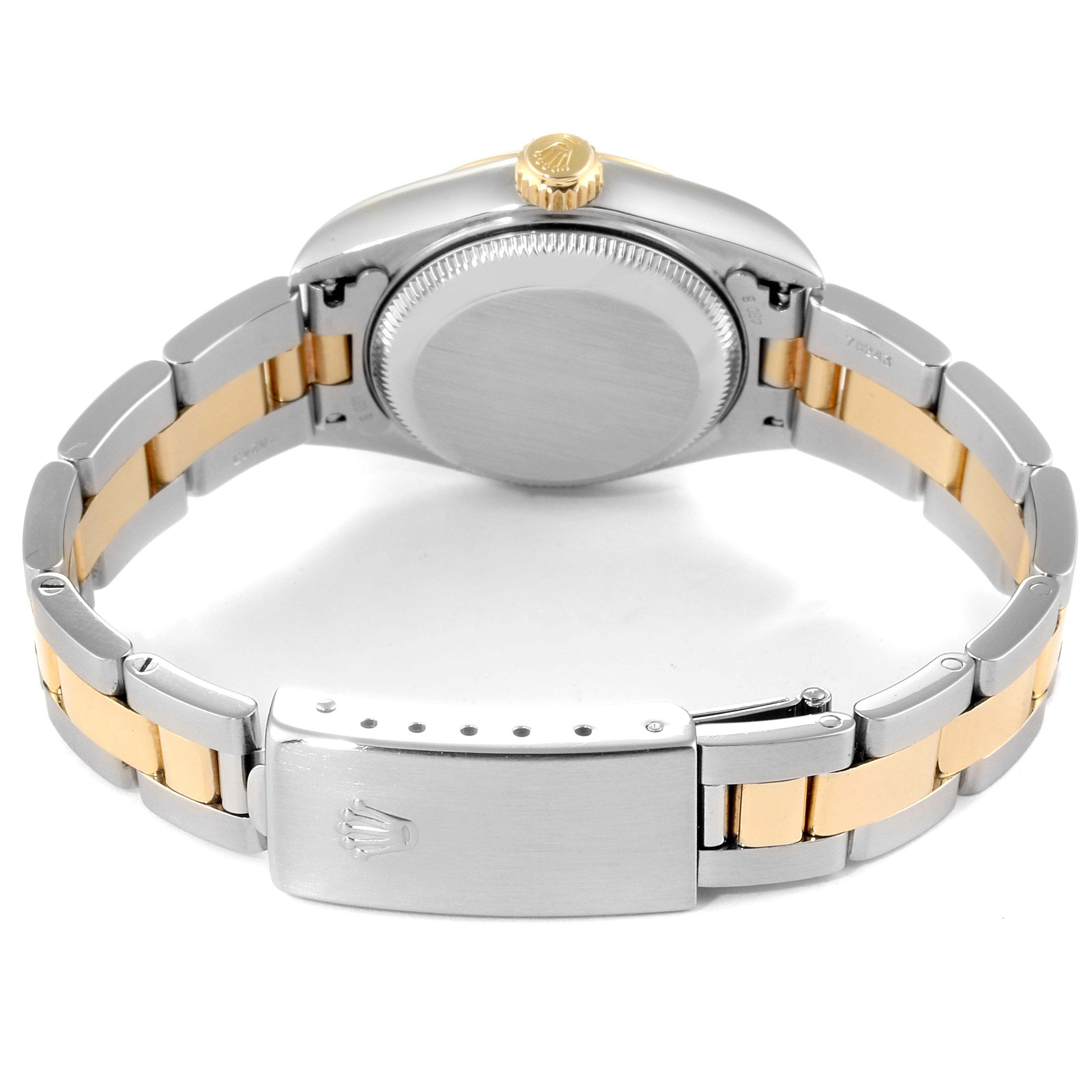 This image shows the back view of the Rolex Datejust 79163  Women
s Steel and Gold (two tone) Grey Dial 79163  Women
s Steel and Gold (two tone) Grey Dial watch, showcasing the bracelet and clasp.