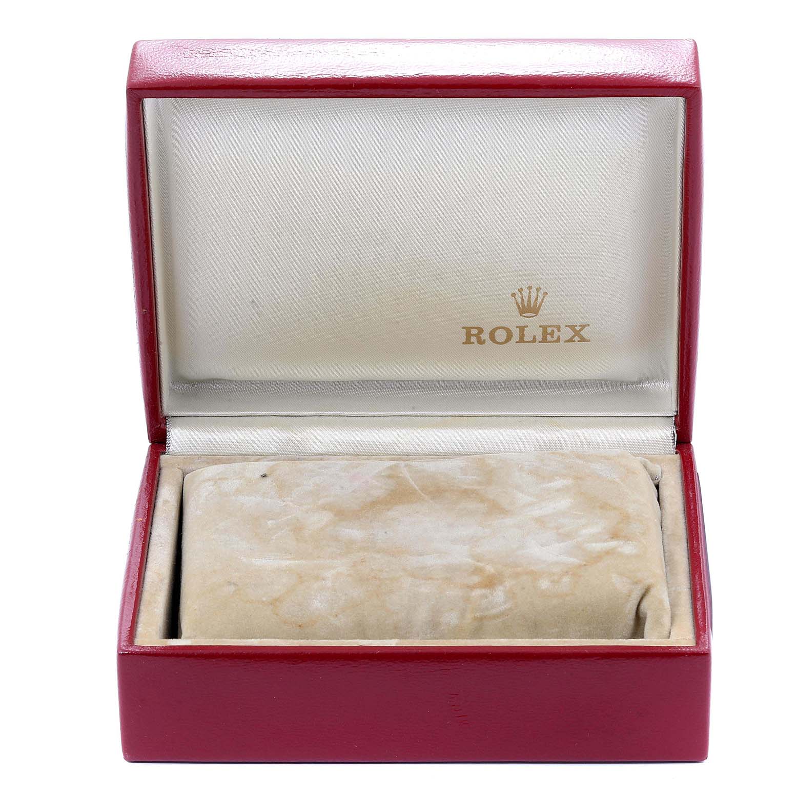 The image shows an opened red Rolex box for a Datejust model watch, with the interior cushion visible.