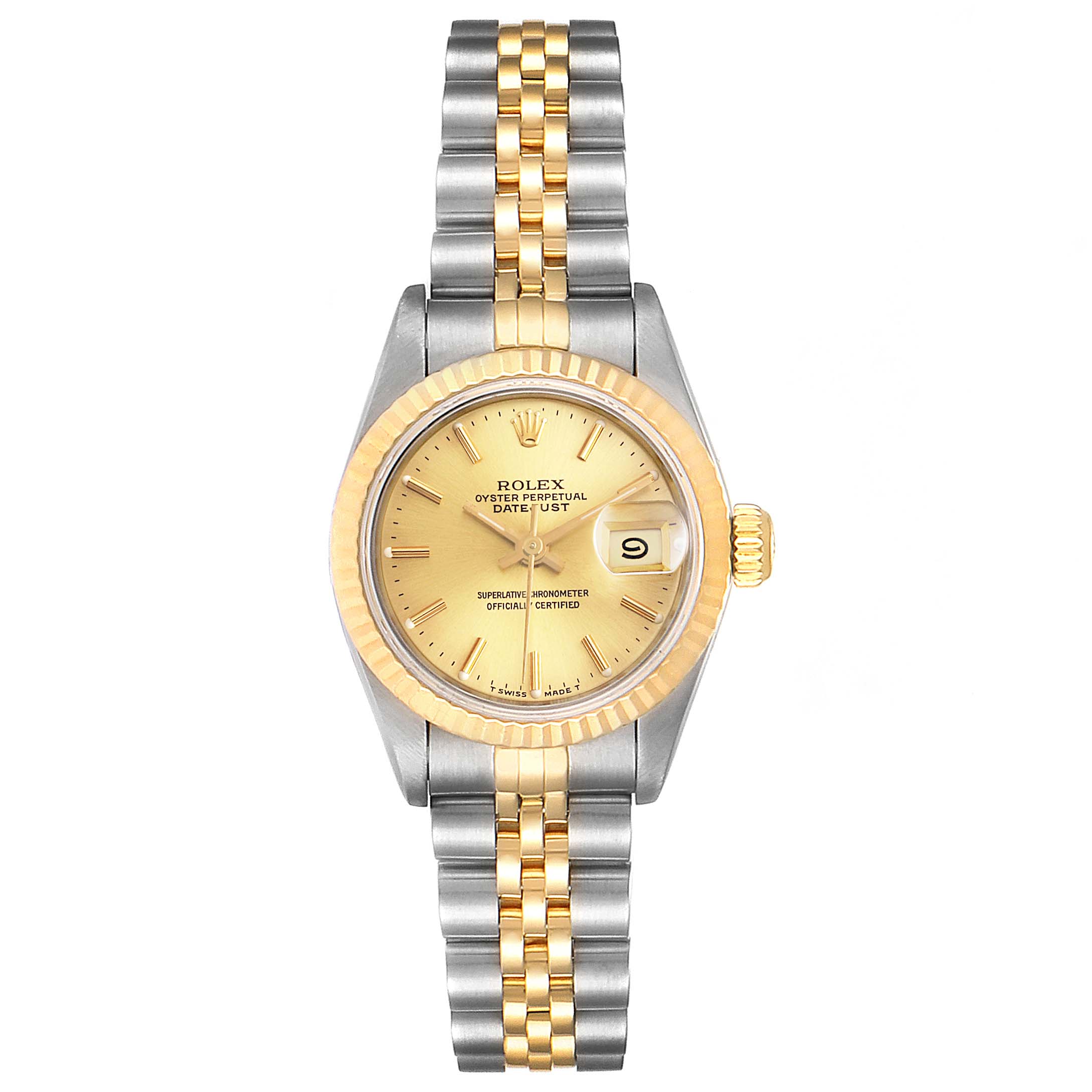 The Rolex Datejust 69173 Women
s Steel and Gold (two tone) Champagne Dial 69173 Women
s Steel and Gold (two tone) Champagne Dial watch is shown from a top-down angle, displaying the face, bezel, and full two-tone bracelet.