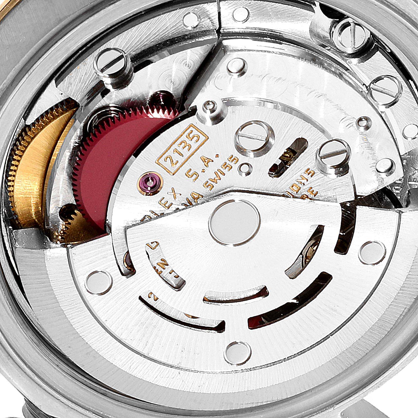 This image shows a close-up view of the movement mechanism inside a Rolex Datejust 69173 Women
s Steel and Gold (two tone) Champagne Dial 69173 Women
s Steel and Gold (two tone) Champagne Dial watch.