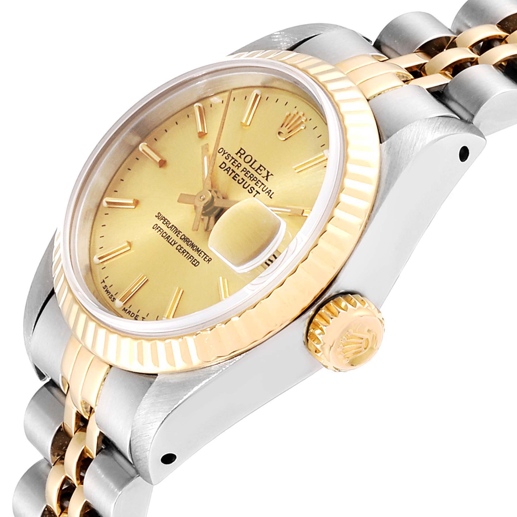This image shows a close-up, angled side view of a Rolex Datejust 69173 Women
s Steel and Gold (two tone) Champagne Dial 69173 Women
s Steel and Gold (two tone) Champagne Dial watch, highlighting the face, bezel, crown, and bracelet.