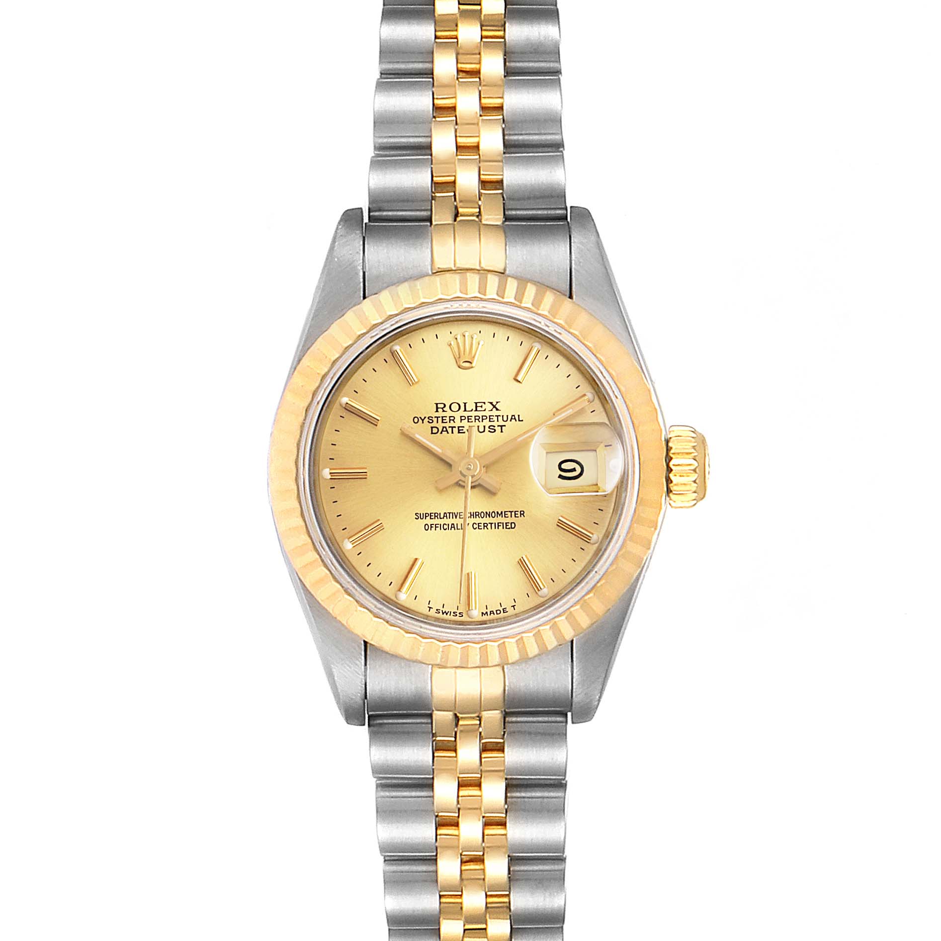 The Rolex Datejust 69173 Women
s Steel and Gold (two tone) Champagne Dial 69173 Women
s Steel and Gold (two tone) Champagne Dial watch is shown from the front, highlighting its face, bezel, and two-tone bracelet.