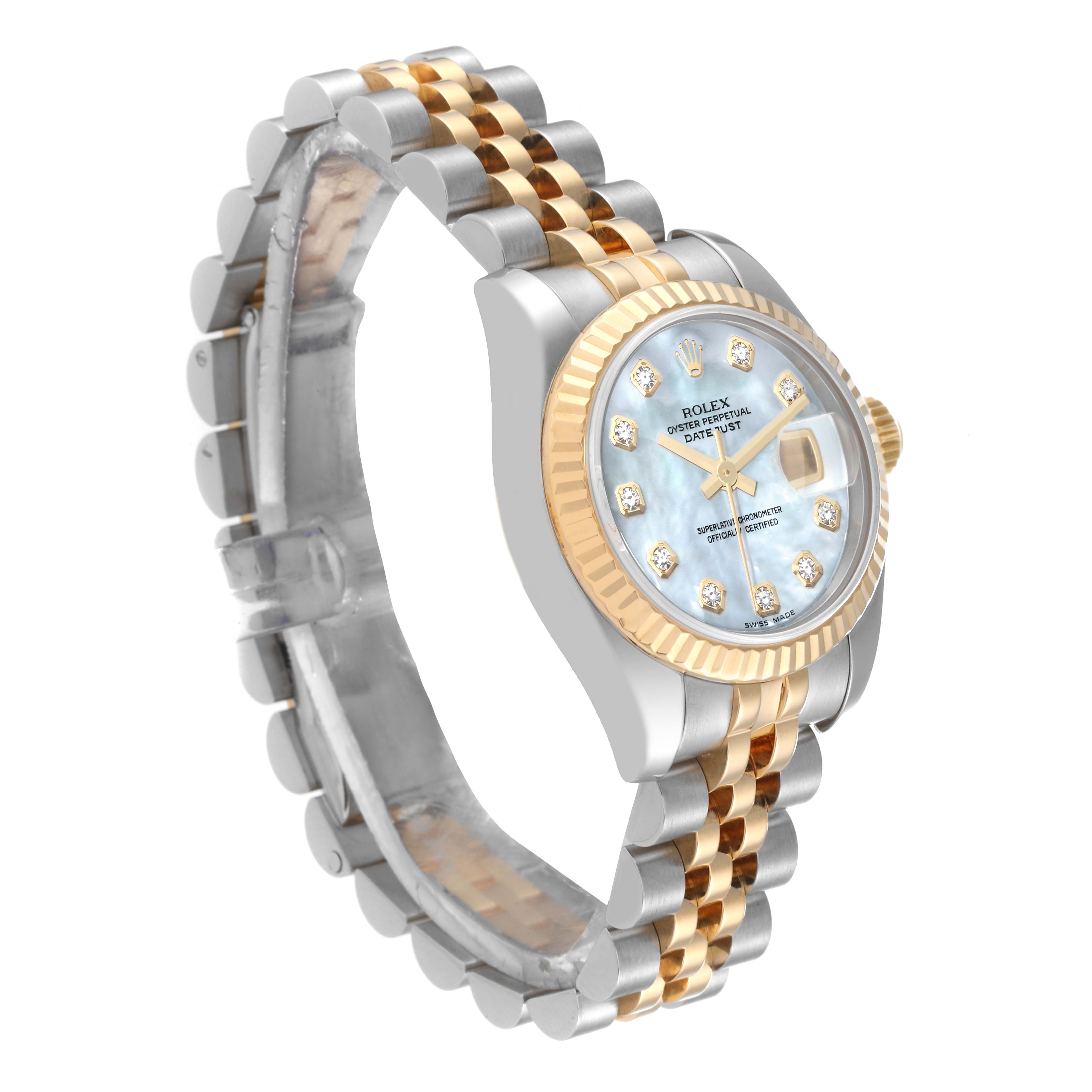 The Rolex Datejust 179173 Women's Steel and Gold (two tone) Mother of Pearl Dial 179173 Women's Steel and Gold (two tone) Mother of Pearl Dial watch is shown at a three-quarter side angle, highlighting the dial, bezel, and two-tone band.