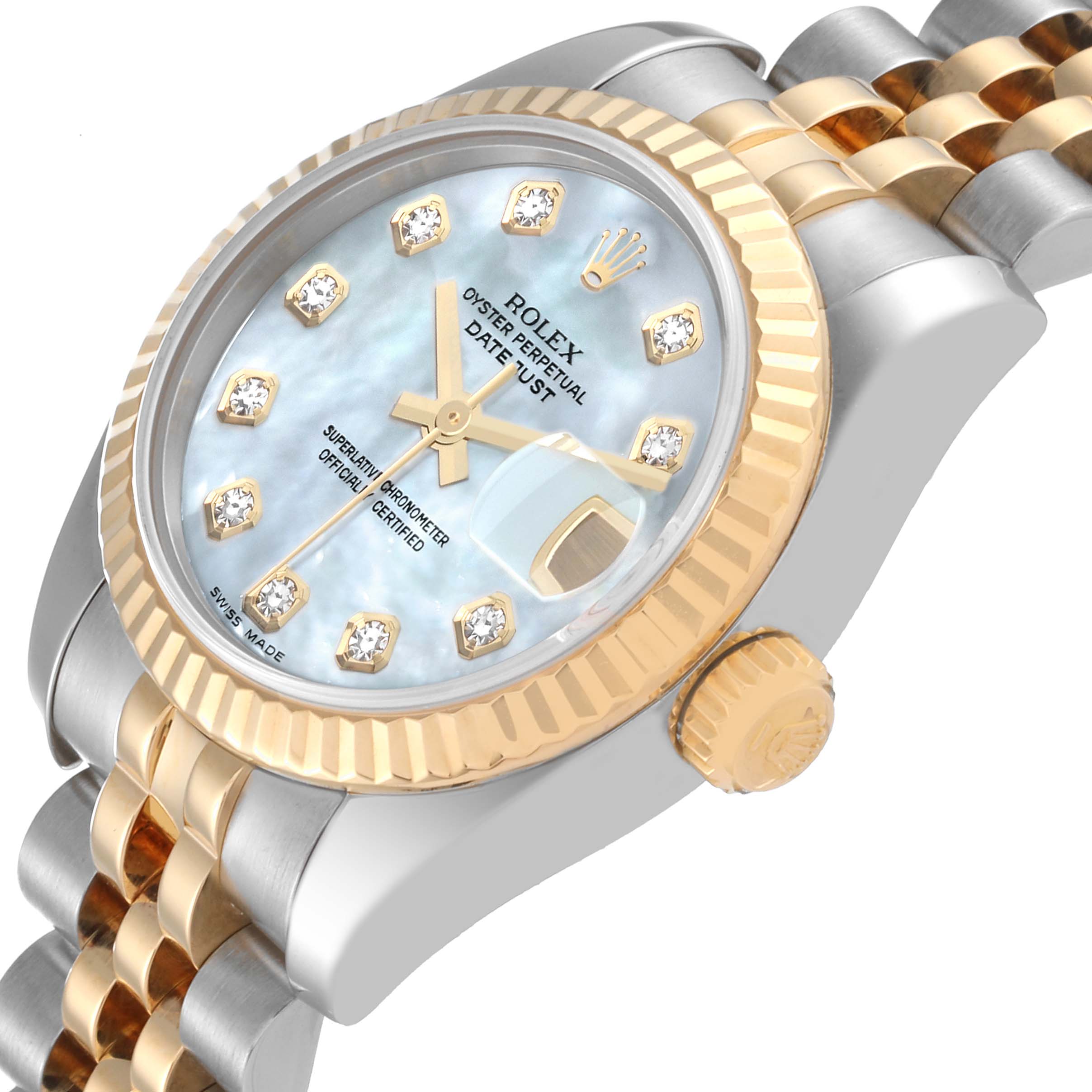 The image shows a partial side view of a Rolex Datejust 179173 Women's Steel and Gold (two tone) Mother of Pearl Dial 179173 Women's Steel and Gold (two tone) Mother of Pearl Dial watch, highlighting its dial, bezel, and bracelet.