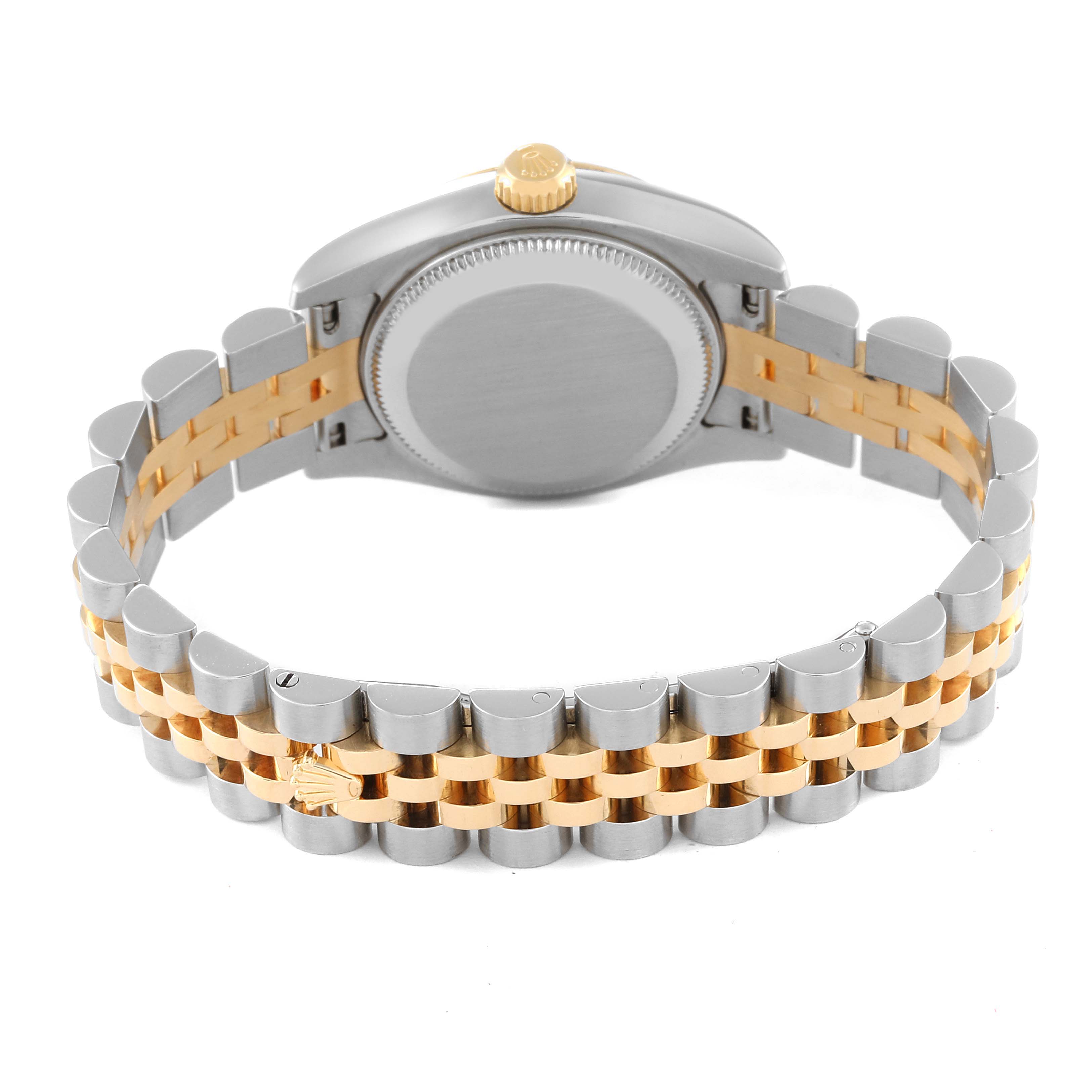 The image shows the back case and two-tone bracelet of a Rolex Datejust 179173 Women's Steel and Gold (two tone) Mother of Pearl Dial 179173 Women's Steel and Gold (two tone) Mother of Pearl Dial watch from the rear angle.