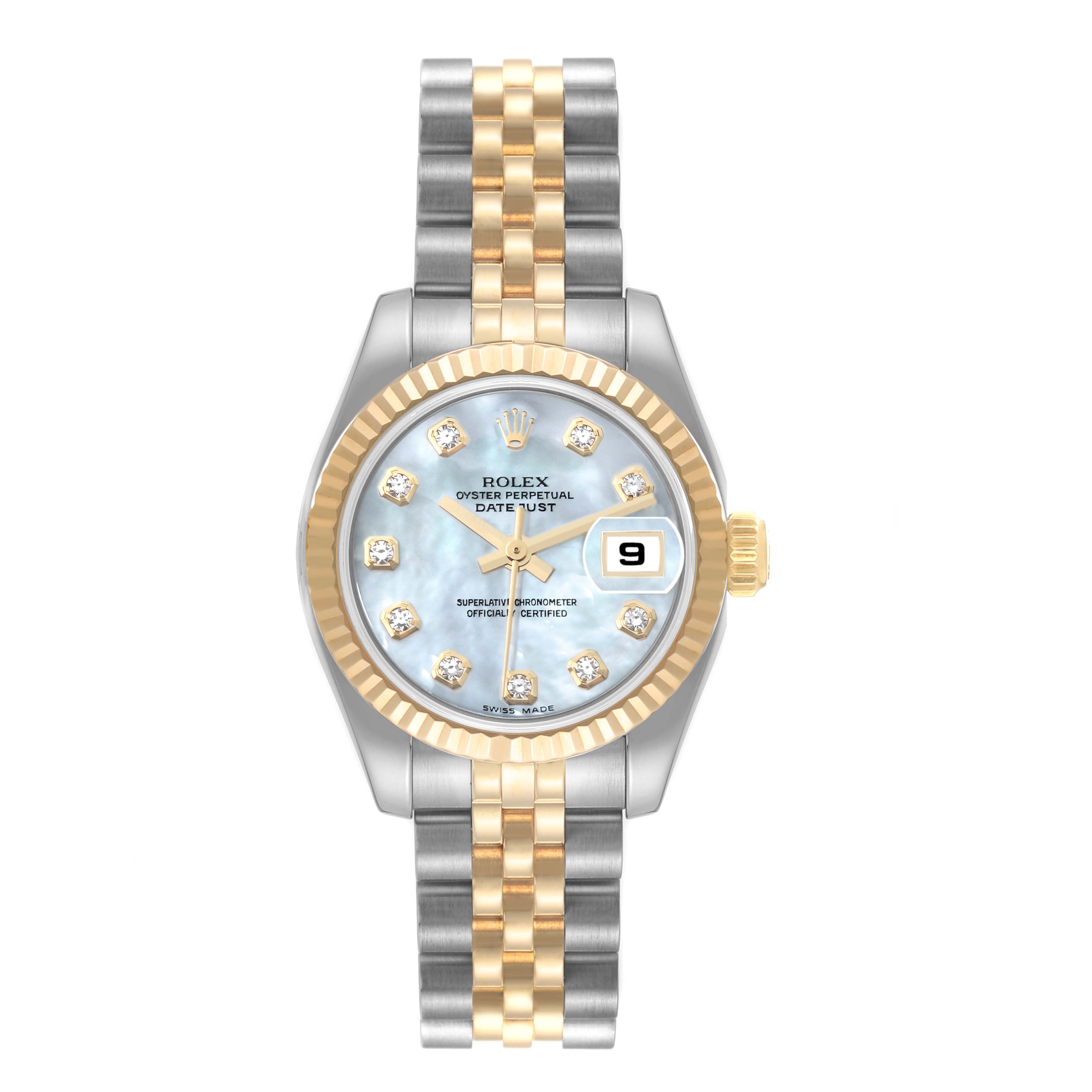 The image shows a Rolex Datejust 179173 Women's Steel and Gold (two tone) Mother of Pearl Dial 179173 Women's Steel and Gold (two tone) Mother of Pearl Dial watch from a front view, featuring a gold and silver bracelet, fluted bezel, and diamond hour markers.