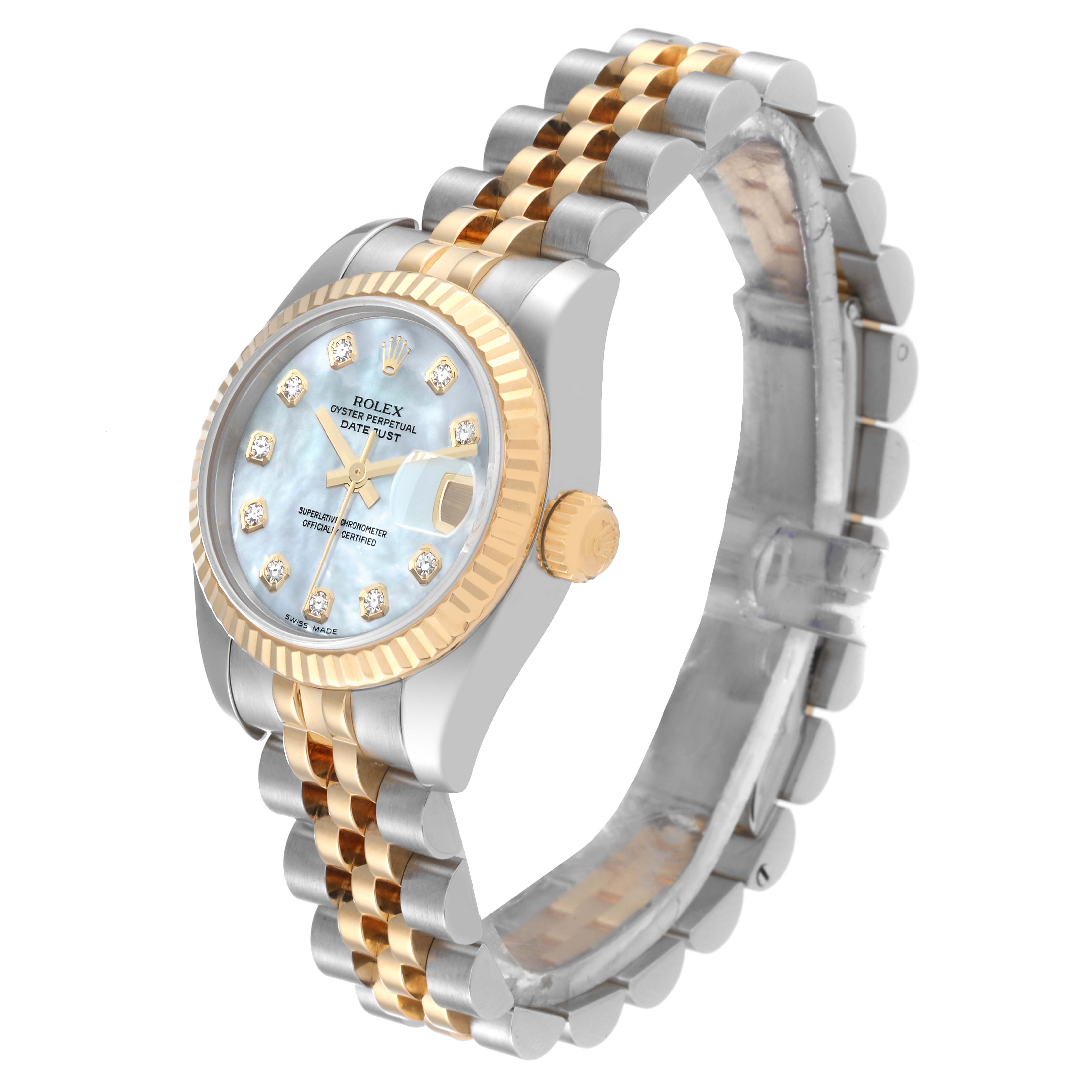 The image shows a Rolex Datejust 179173 Women's Steel and Gold (two tone) Mother of Pearl Dial 179173 Women's Steel and Gold (two tone) Mother of Pearl Dial watch at an angle highlighting the face, bezel, crown, and two-tone bracelet.