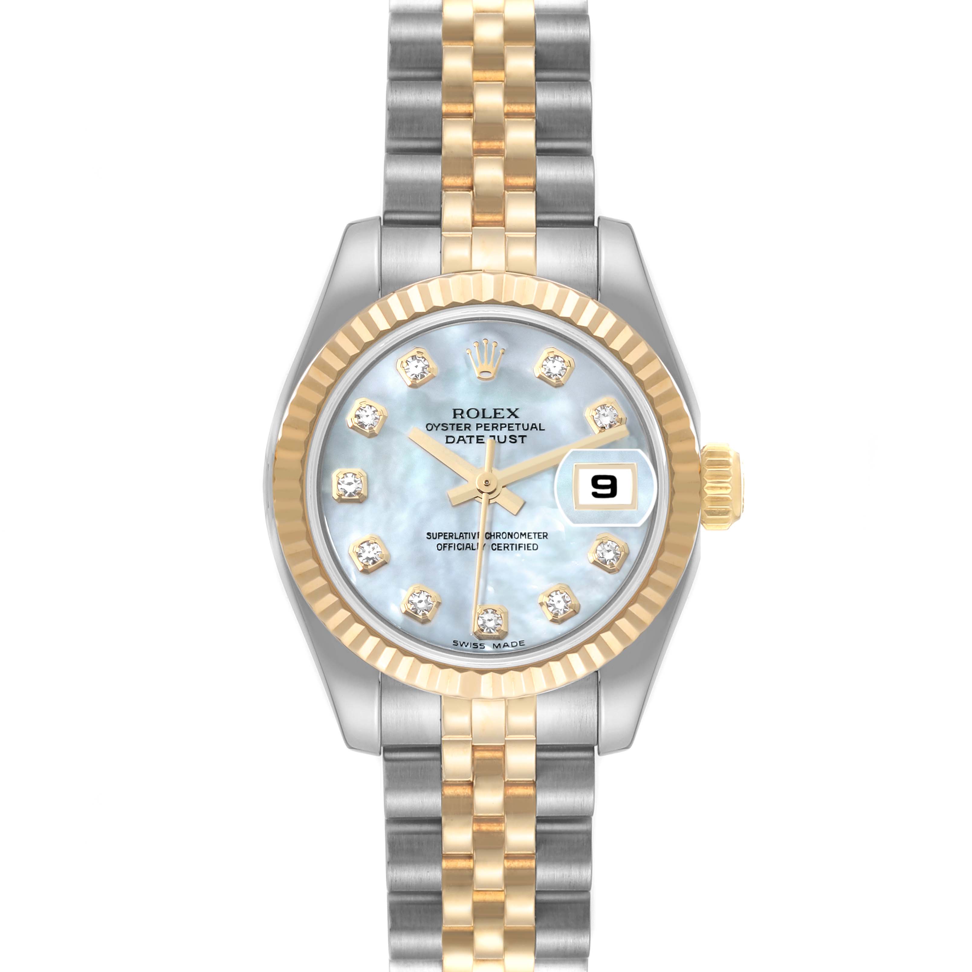 The Rolex Datejust 179173 Women's Steel and Gold (two tone) Mother of Pearl Dial 179173 Women's Steel and Gold (two tone) Mother of Pearl Dial watch is shown from the front, highlighting its two-tone bracelet, fluted bezel, and diamond hour markers.