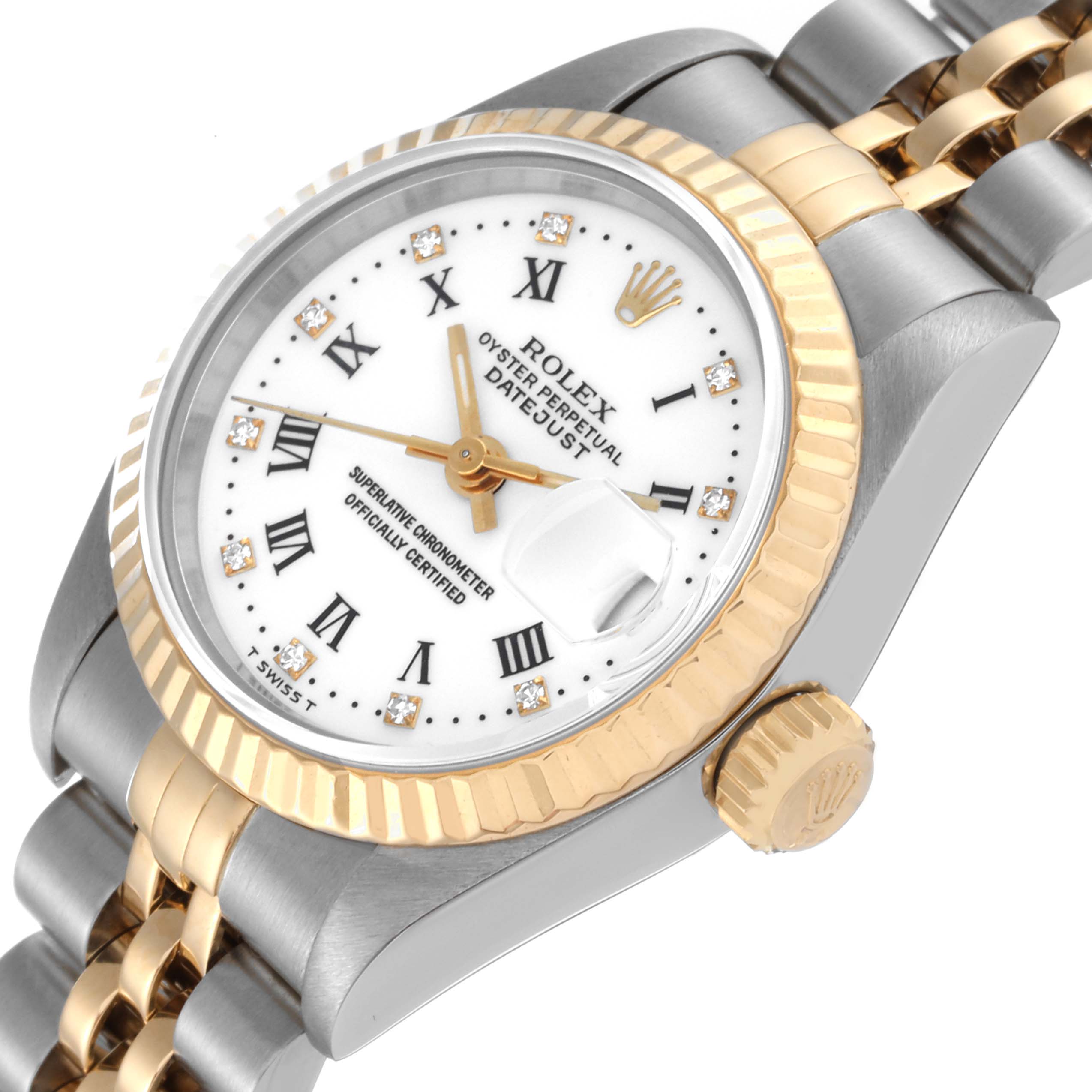 This image shows a close-up angled view of the Rolex Datejust 69173 Women's Steel and Gold (two tone) White Dial 69173 Women's Steel and Gold (two tone) White Dial model, displaying the dial, bezel, crown, and part of the bracelet.