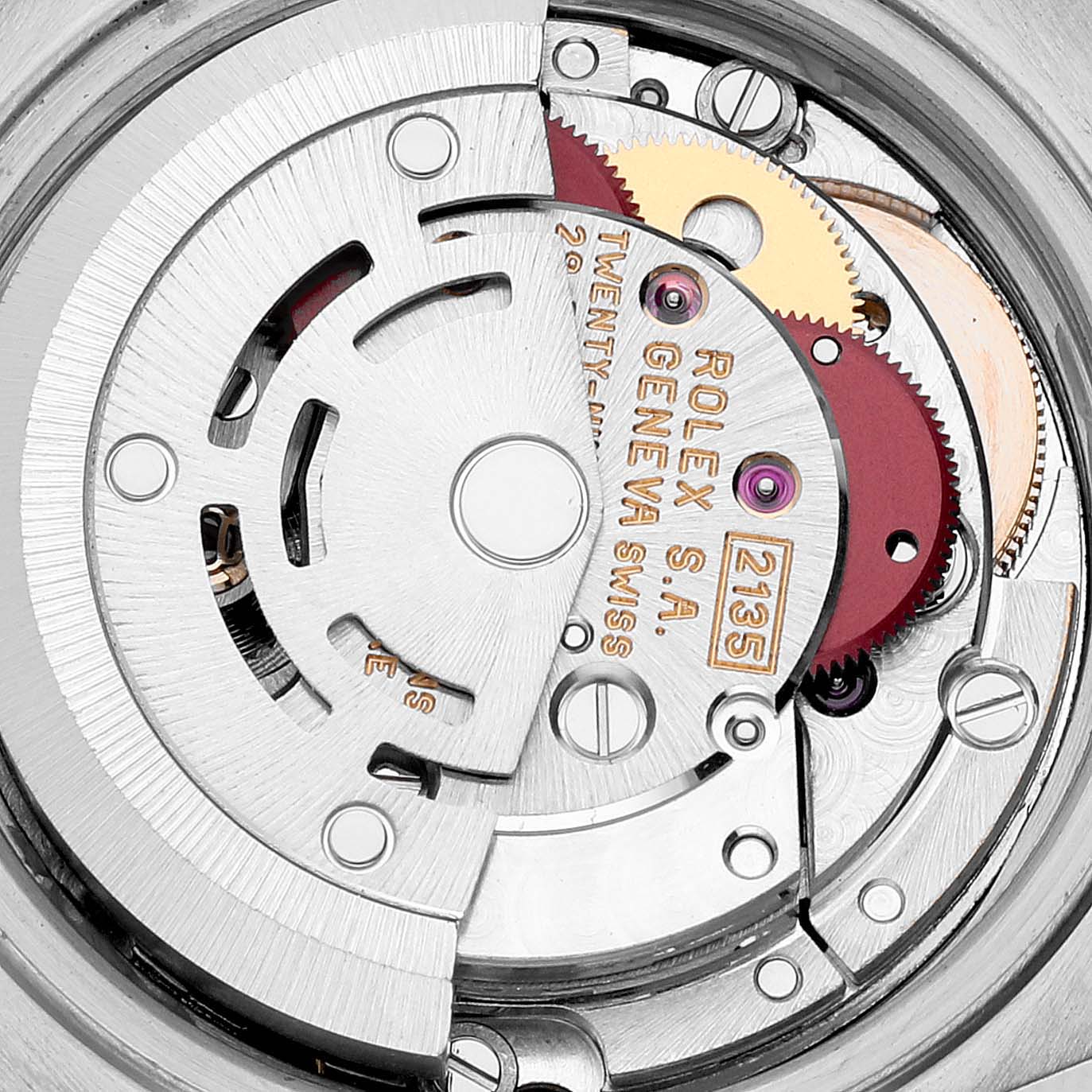 This image shows a close-up of the intricate movement inside the Rolex Datejust 69173 Women's Steel and Gold (two tone) White Dial 69173 Women's Steel and Gold (two tone) White Dial watch.