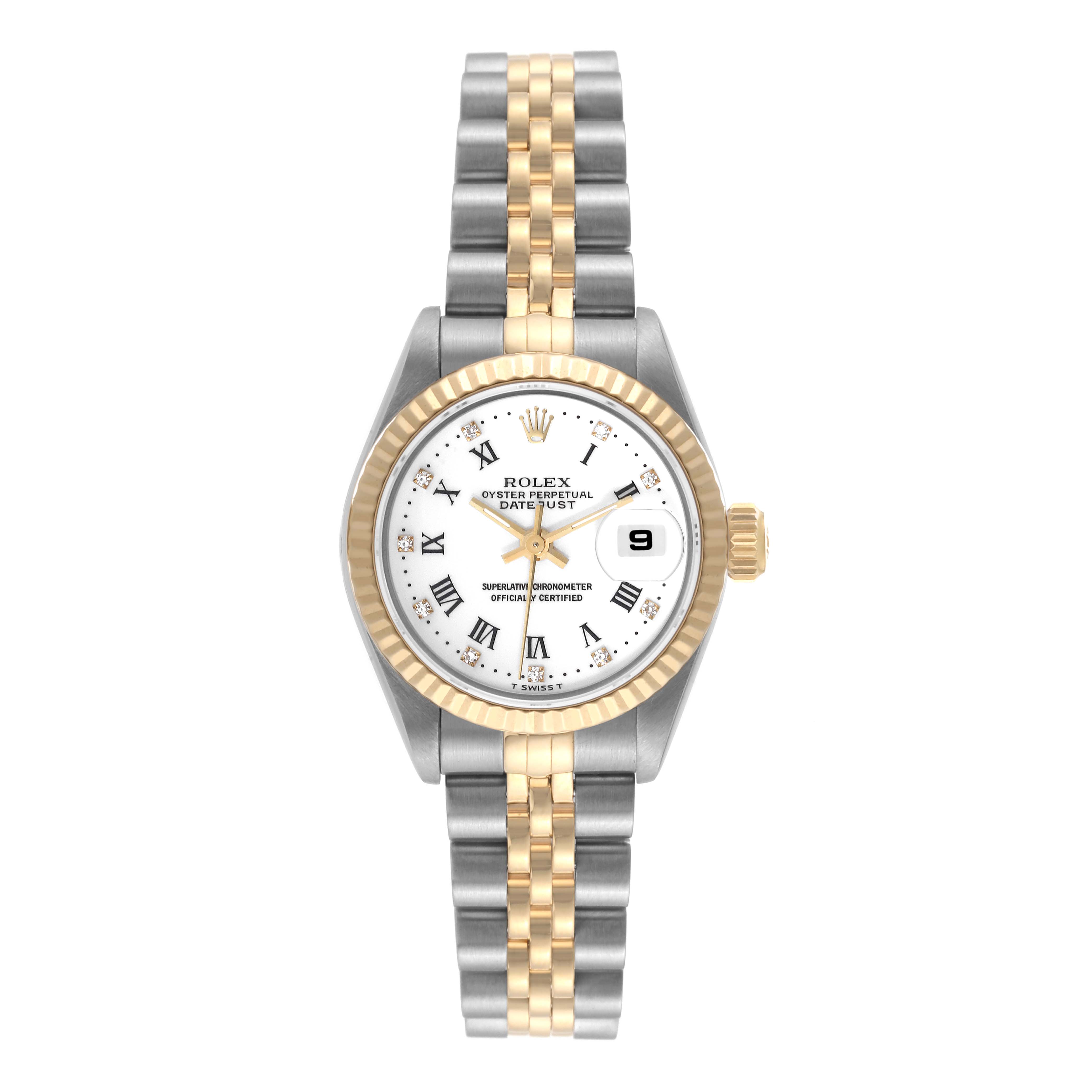 The image shows a front view of the Rolex Datejust 69173 Women's Steel and Gold (two tone) White Dial 69173 Women's Steel and Gold (two tone) White Dial watch, displaying its dial, bezel, bracelet, and crown.
