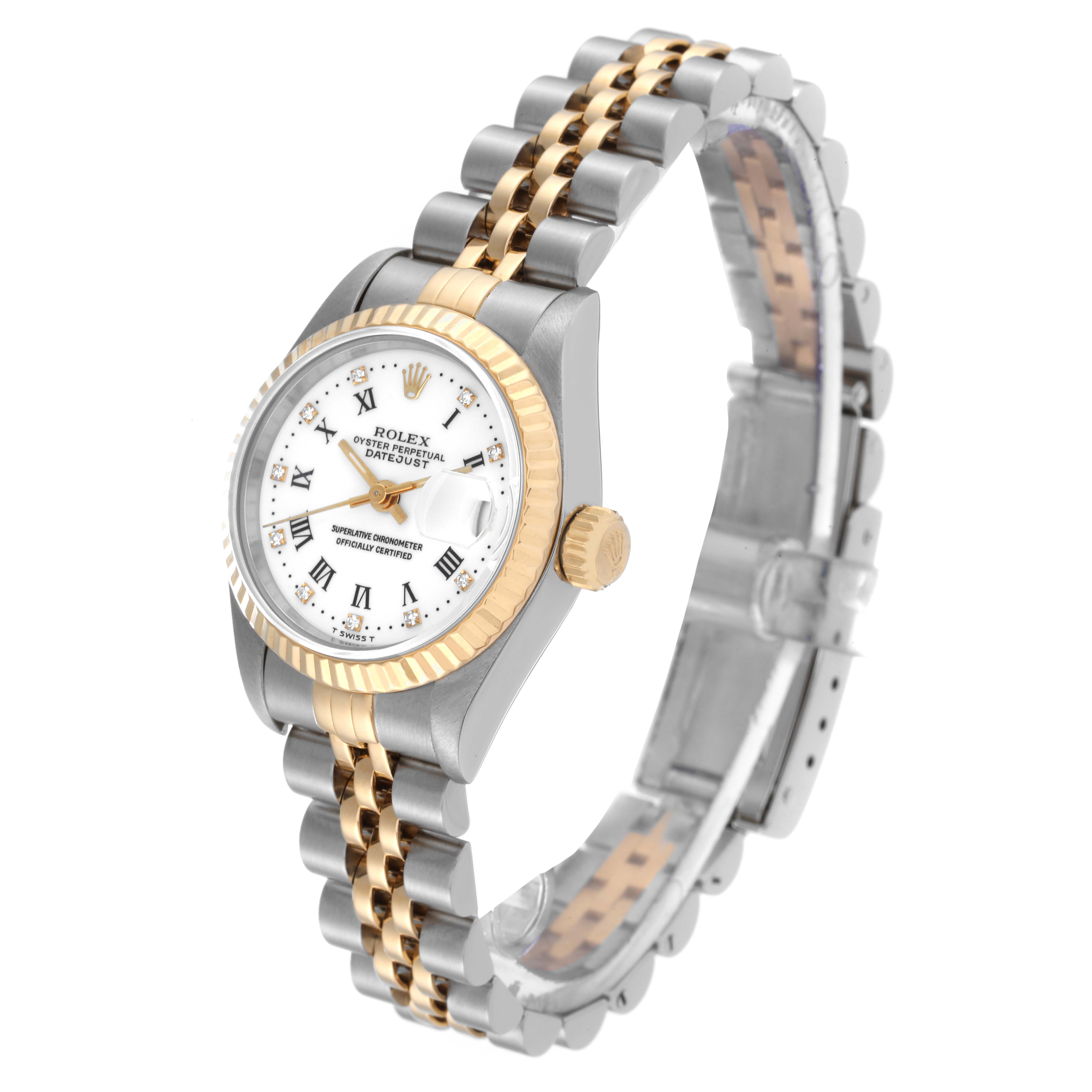This image shows a Rolex Datejust 69173 Women's Steel and Gold (two tone) White Dial 69173 Women's Steel and Gold (two tone) White Dial model watch angled to display the face, bezel, crown, and part of the bracelet.