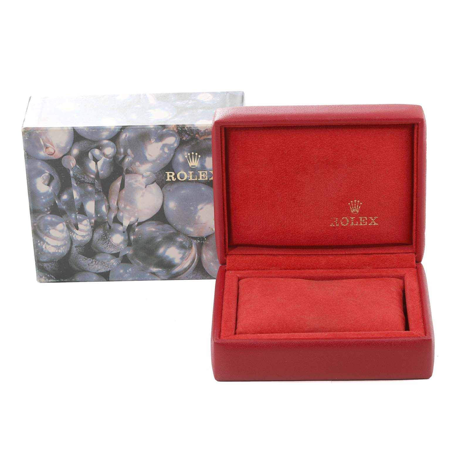 The image shows an open red Rolex Datejust 69173 Women's Steel and Gold (two tone) White Dial 69173 Women's Steel and Gold (two tone) White Dial watch box with a logo and its decorative outer packaging.