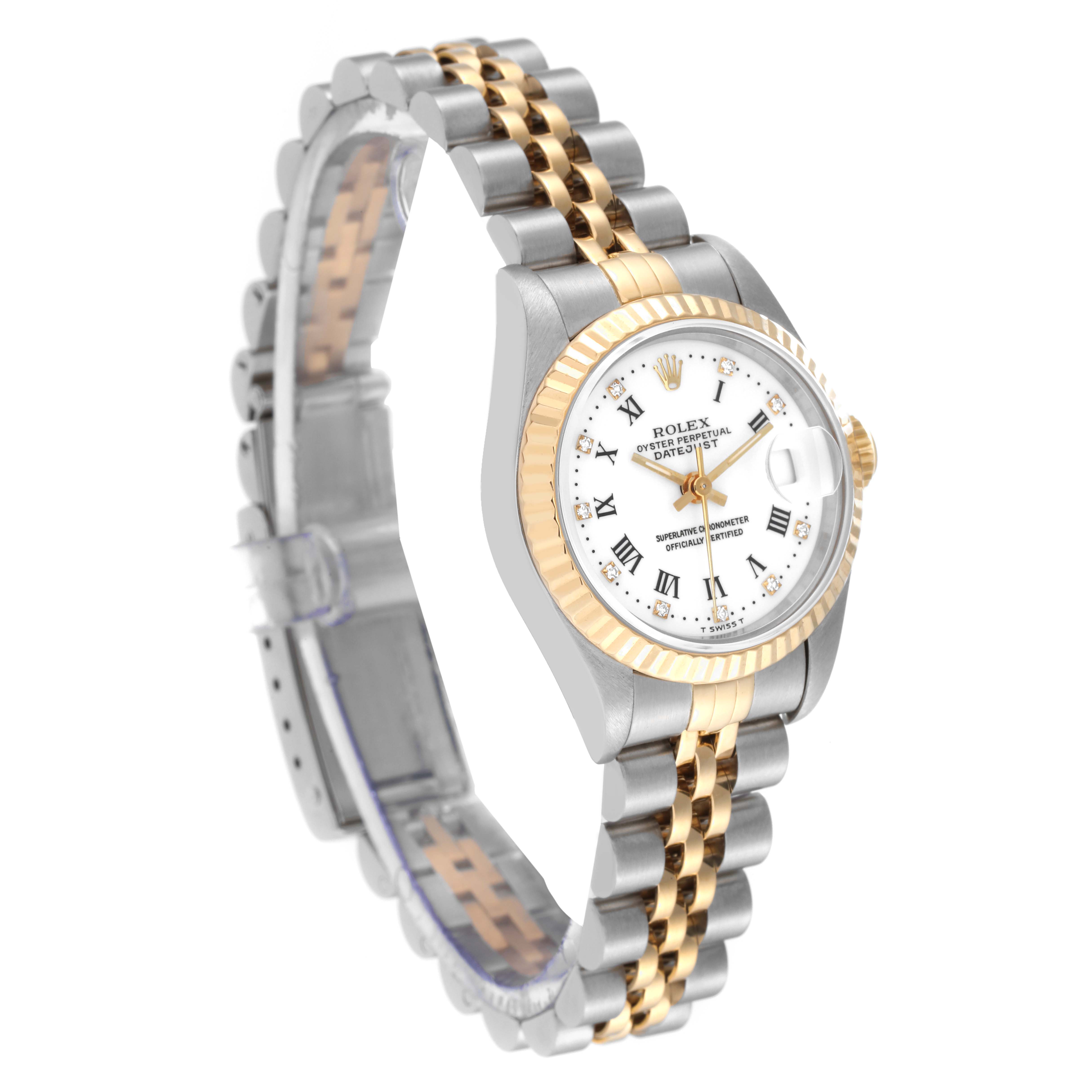 The image shows a Rolex Datejust 69173 Women's Steel and Gold (two tone) White Dial 69173 Women's Steel and Gold (two tone) White Dial watch from an angled side-on view, displaying the watch face, bezel, and the two-tone bracelet.