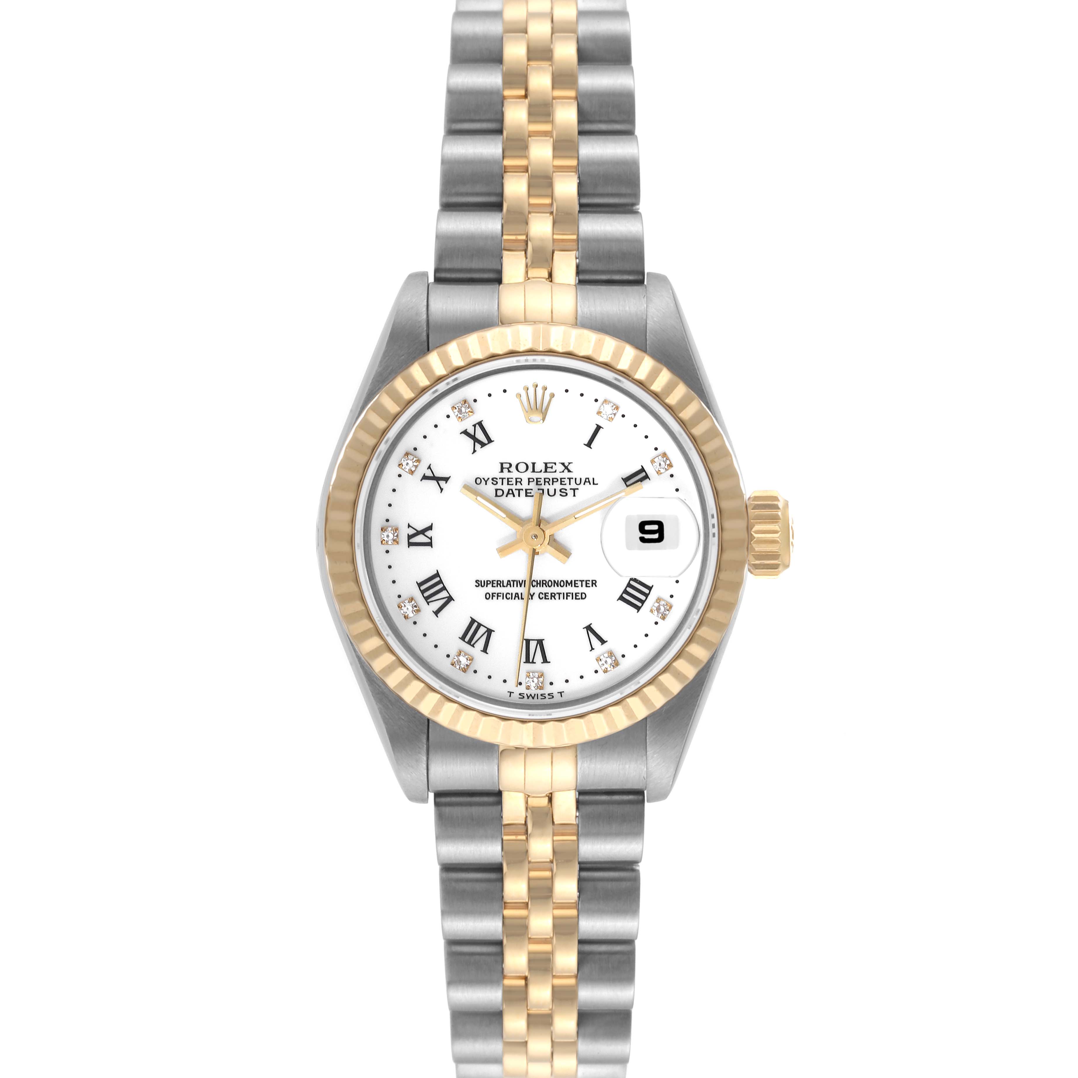 This image shows a front view of a Rolex Datejust 69173 Women's Steel and Gold (two tone) White Dial 69173 Women's Steel and Gold (two tone) White Dial watch, displaying the face, bezel, and two-tone metal bracelet.