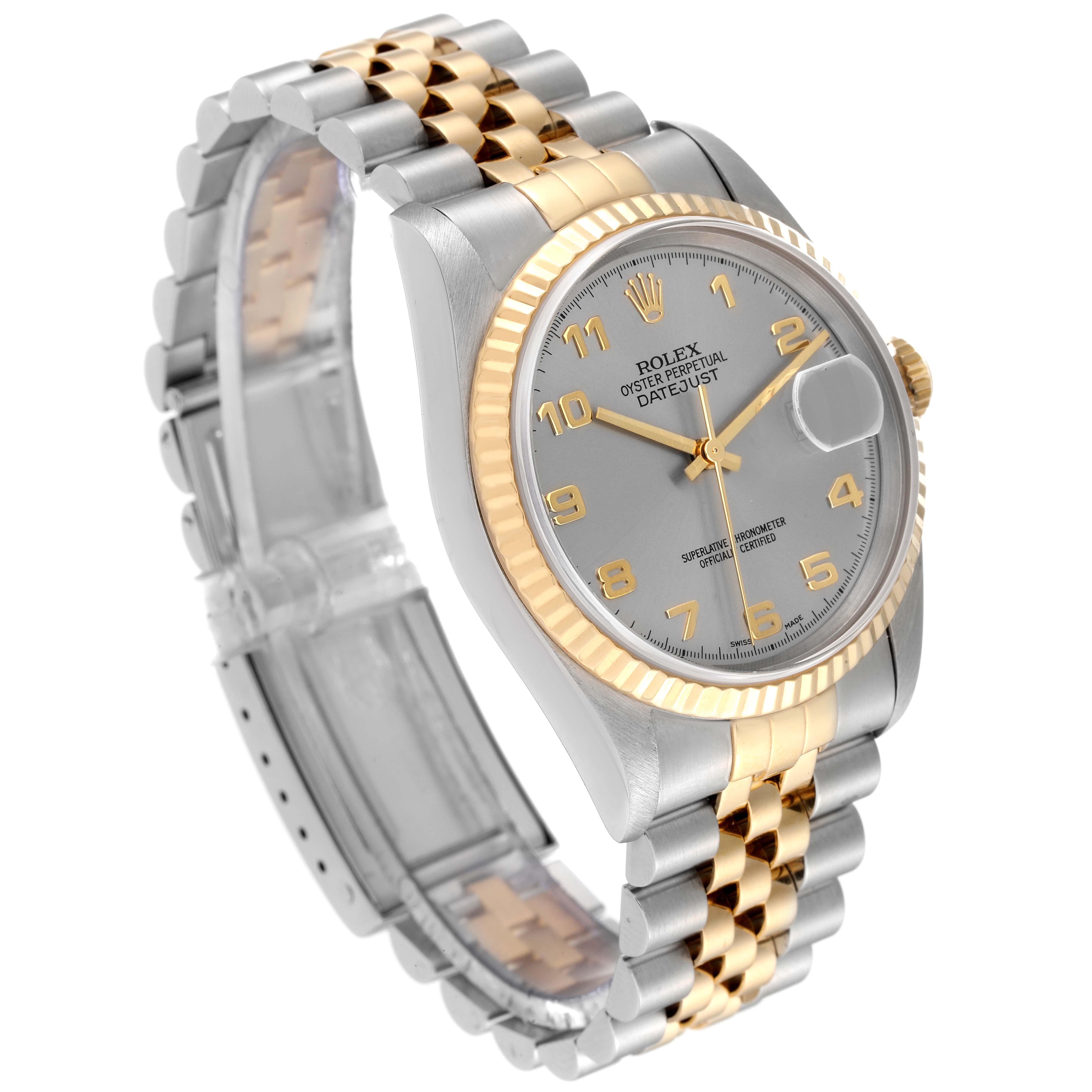The Rolex Datejust 16233 Men's Steel and Gold (two tone) Grey Dial 16233 Men's Steel and Gold (two tone) Grey Dial watch is shown at a slight angle from the front, highlighting its face, bezel, and two-tone bracelet.