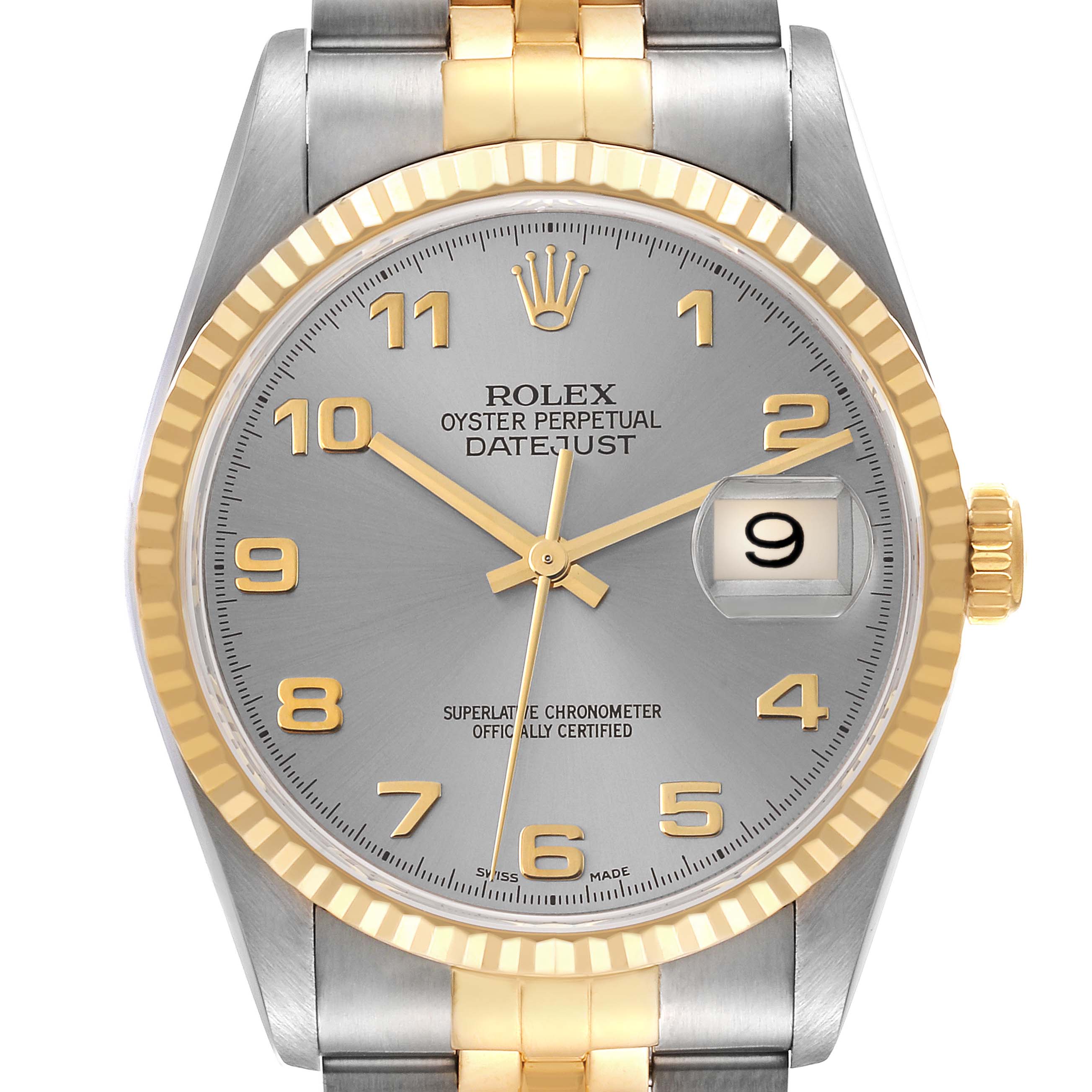 This is a frontal view of the Rolex Datejust 16233 Men's Steel and Gold (two tone) Grey Dial 16233 Men's Steel and Gold (two tone) Grey Dial, showing the face, bezel, crown, and part of the bracelet.