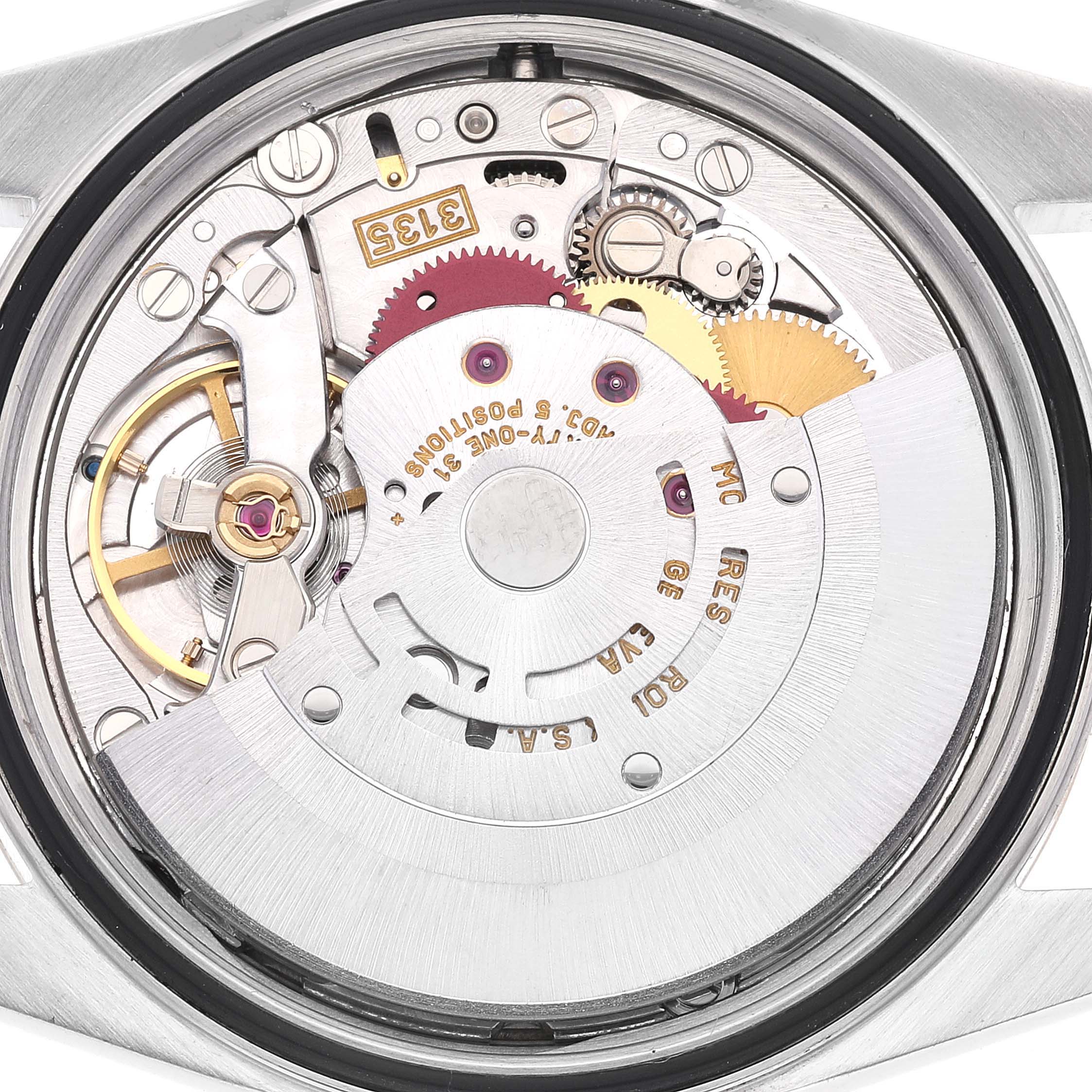 This image shows the internal mechanical movement of the Rolex Datejust 16233 Men's Steel and Gold (two tone) Grey Dial 16233 Men's Steel and Gold (two tone) Grey Dial watch, viewed from the back.