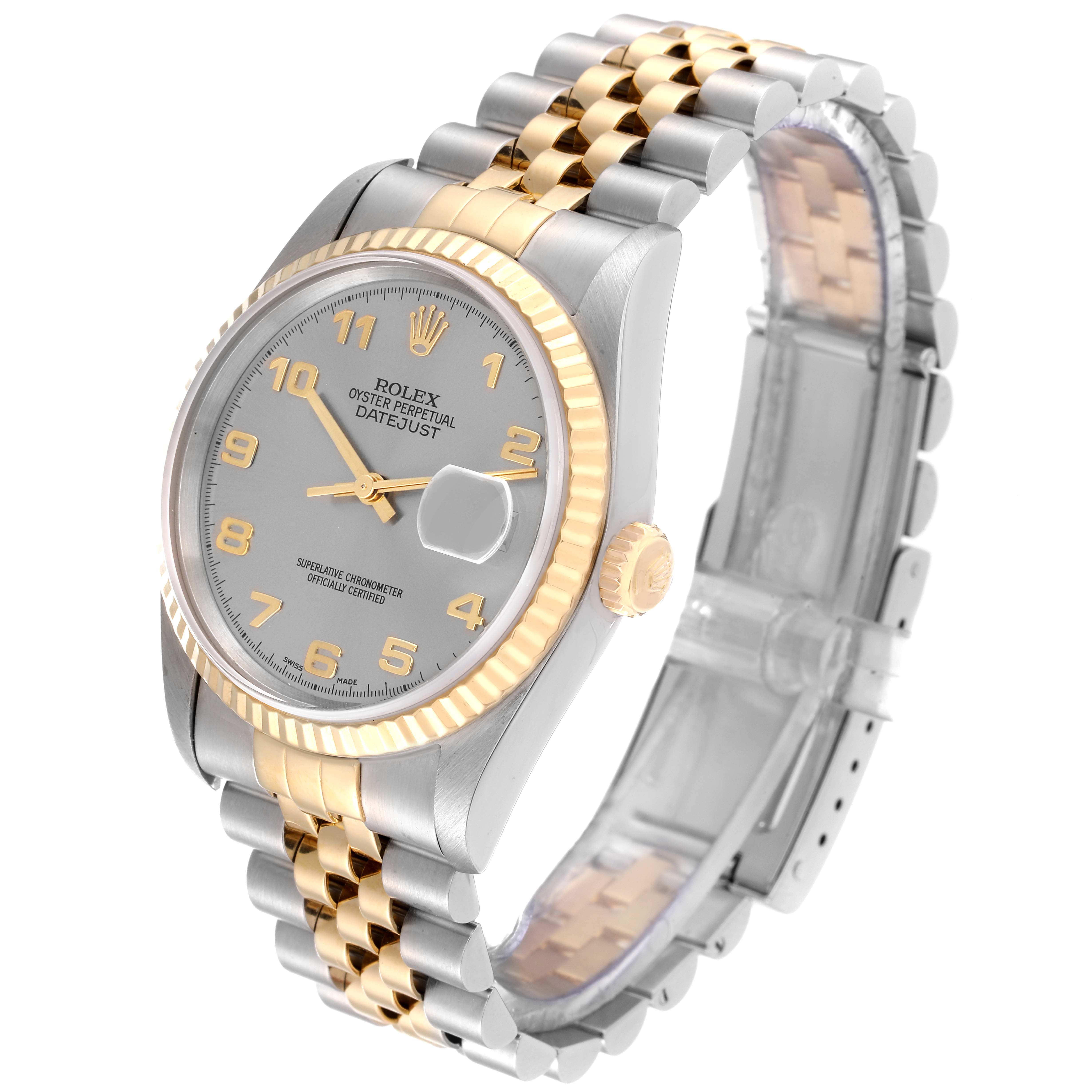 The image shows a Rolex Datejust 16233 Men's Steel and Gold (two tone) Grey Dial 16233 Men's Steel and Gold (two tone) Grey Dial watch at an angle highlighting its stainless steel and gold bracelet, bezel, dial, and crown.