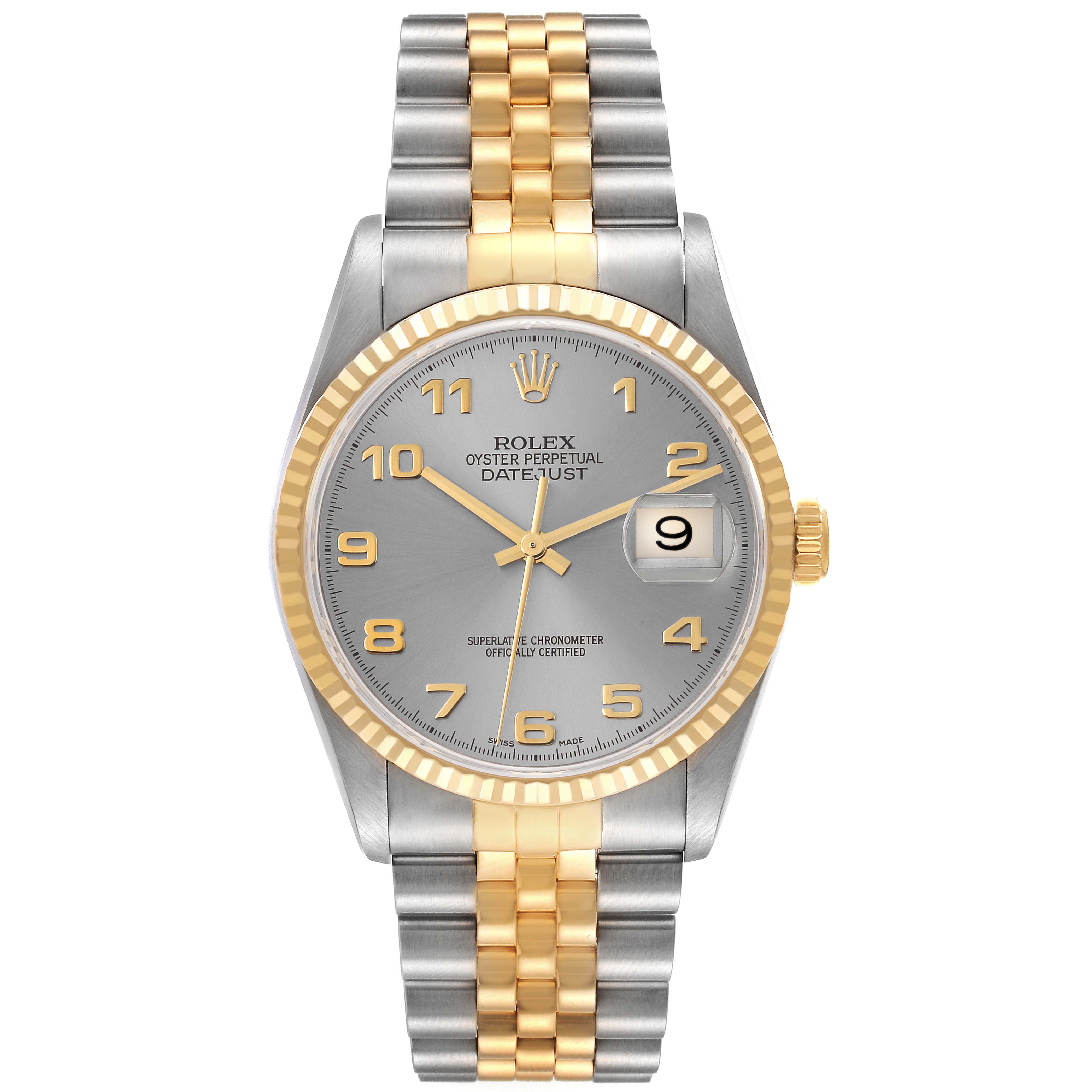 This image shows a Rolex Datejust 16233 Men's Steel and Gold (two tone) Grey Dial 16233 Men's Steel and Gold (two tone) Grey Dial watch from a straight-on angle, detailing the dial, bezel, and bracelet.