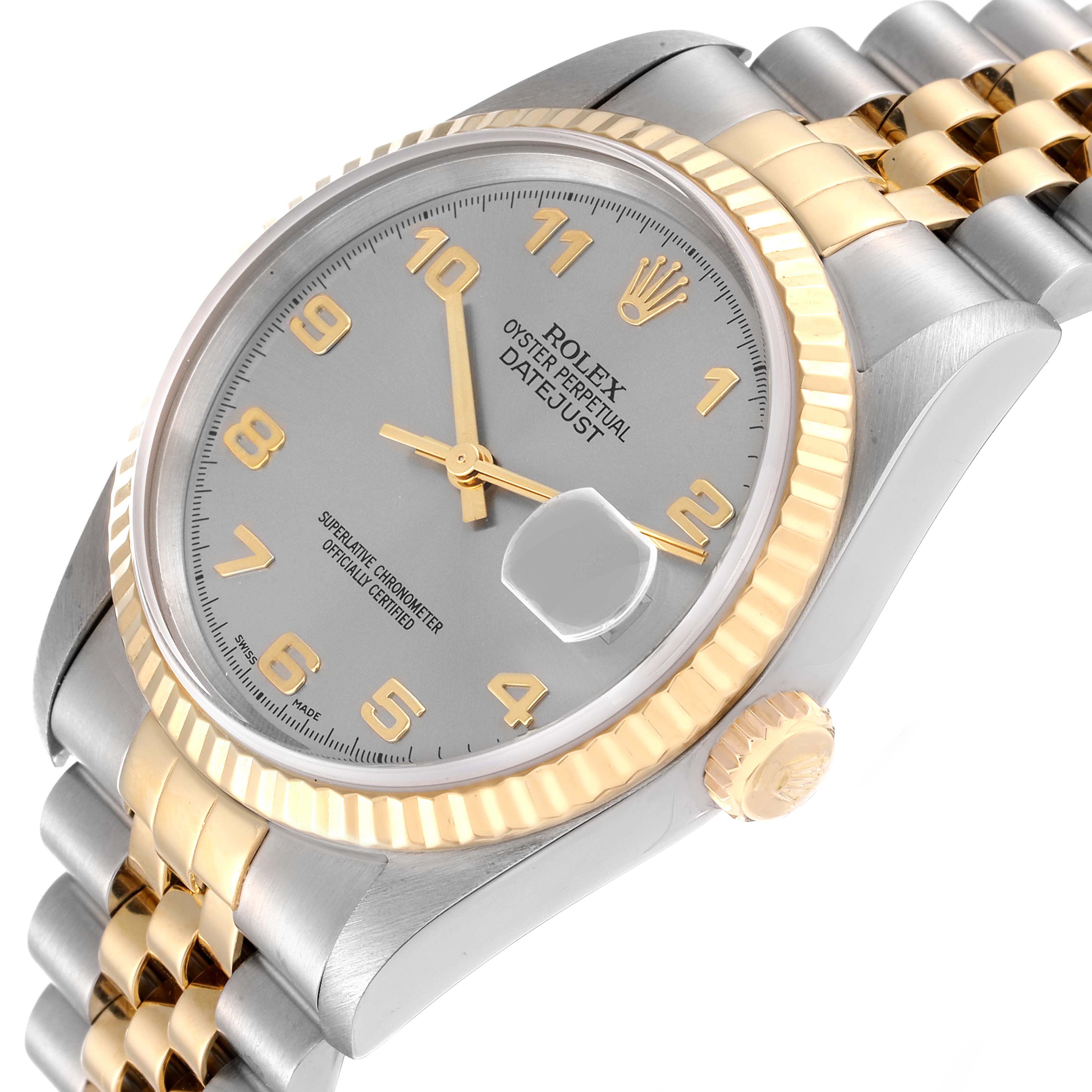 This image shows a close-up angled view of a Rolex Datejust 16233 Men's Steel and Gold (two tone) Grey Dial 16233 Men's Steel and Gold (two tone) Grey Dial watch, highlighting the dial, bezel, crown, and bracelet.