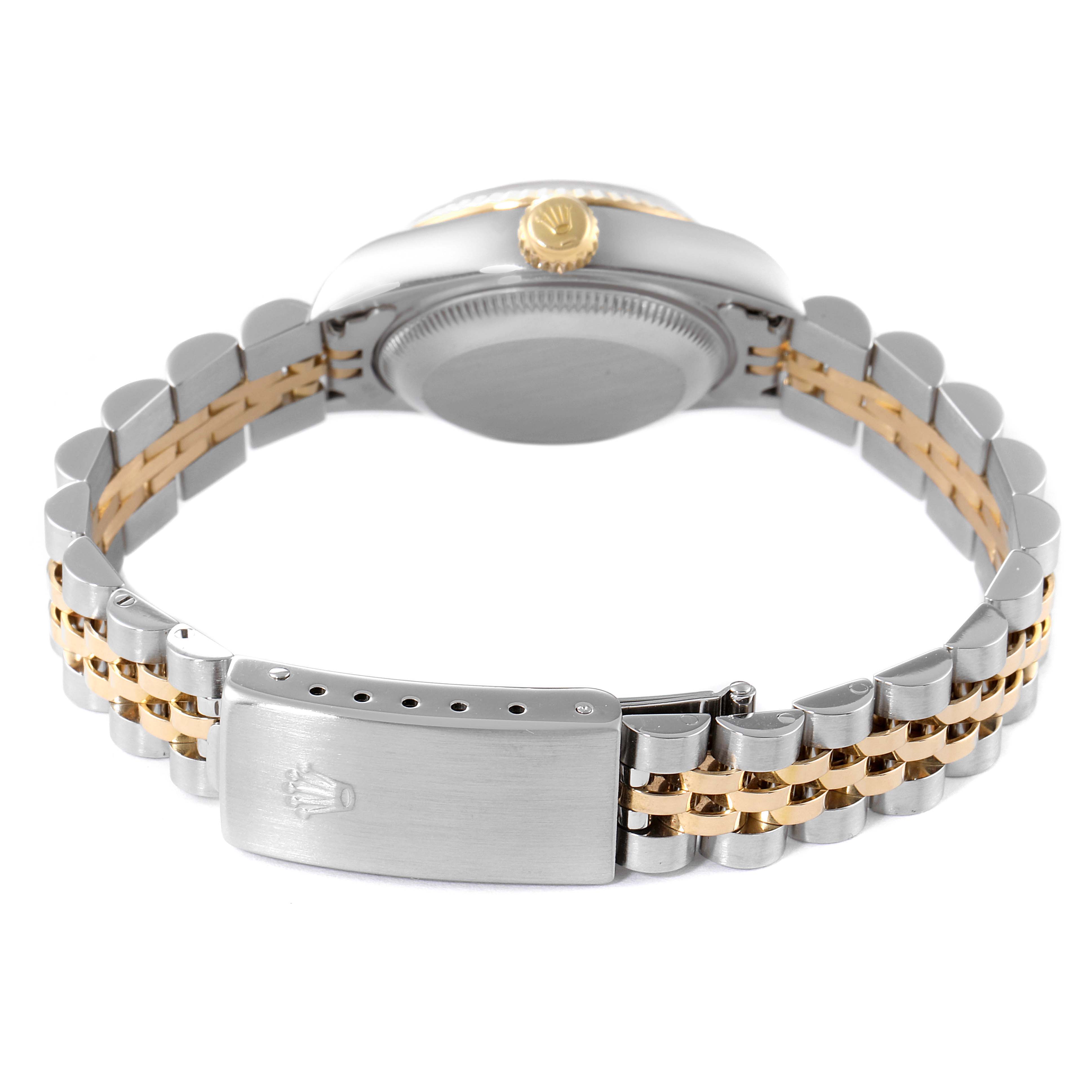 This image shows a rear view of the Rolex Datejust 79173 Women's Steel and Gold (two tone) Silver Dial 79173 Women's Steel and Gold (two tone) Silver Dial watch, focusing on the clasp, bracelet, crown, and case back.