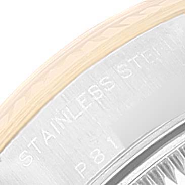 This image shows a close-up of the stainless steel case edge of a Rolex Datejust 79173 Women's Steel and Gold (two tone) Silver Dial 79173 Women's Steel and Gold (two tone) Silver Dial watch.