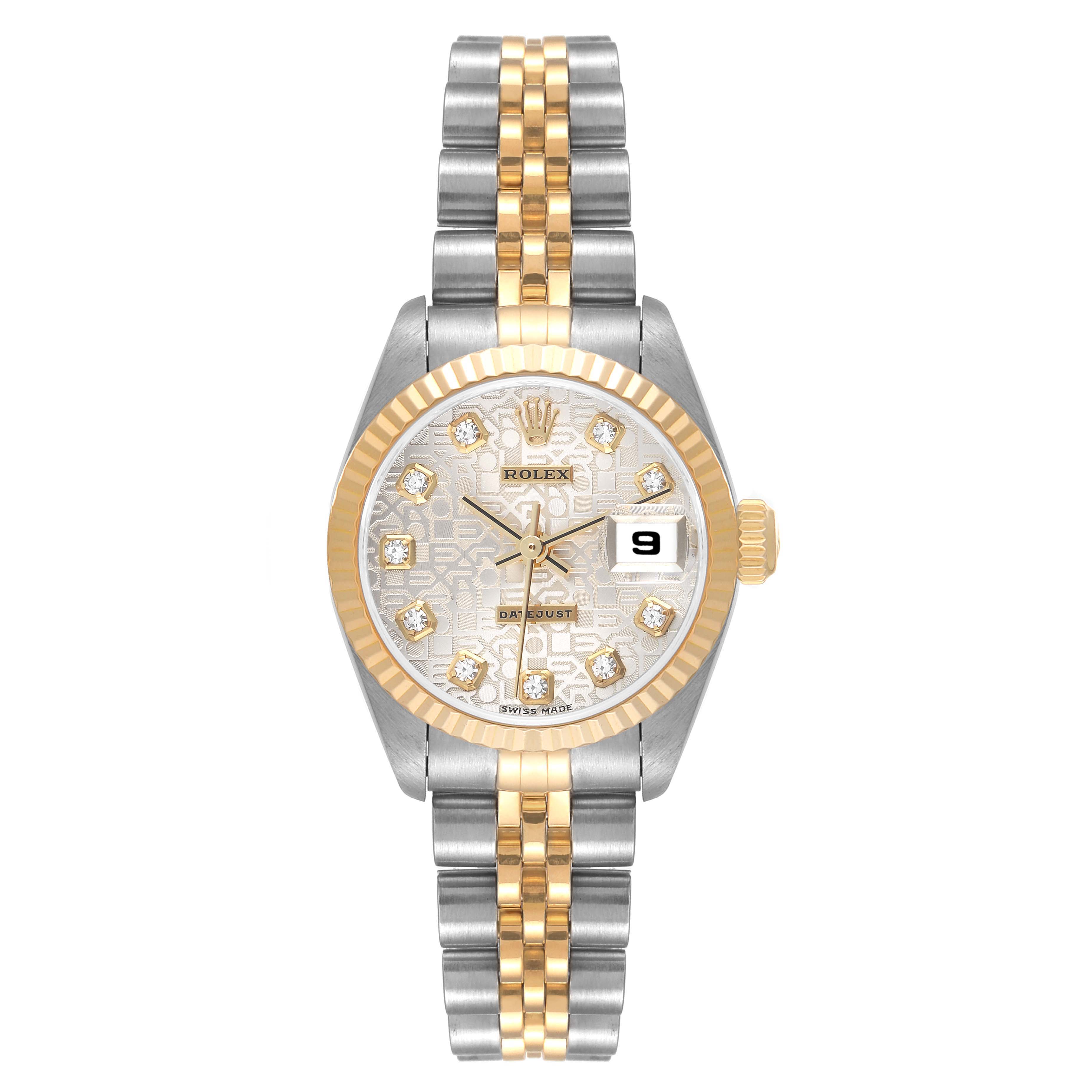 The Rolex Datejust 79173 Women's Steel and Gold (two tone) Silver Dial 79173 Women's Steel and Gold (two tone) Silver Dial watch is shown from a front angle, highlighting its dial, bezel, crown, and bracelet.
