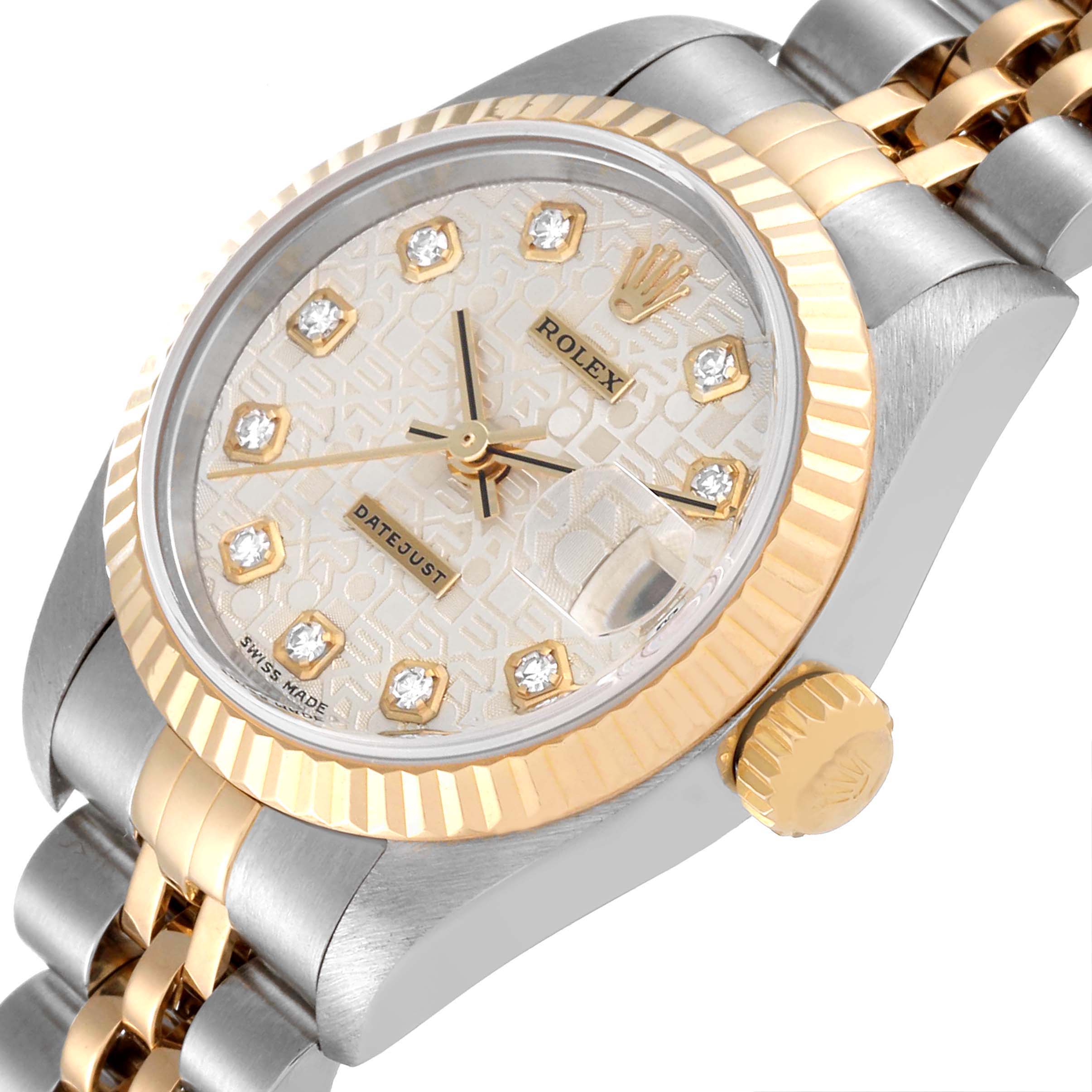 This image shows a close-up of the face, bezel, crown, and part of the bracelet of a Rolex Datejust 79173 Women's Steel and Gold (two tone) Silver Dial 79173 Women's Steel and Gold (two tone) Silver Dial watch.