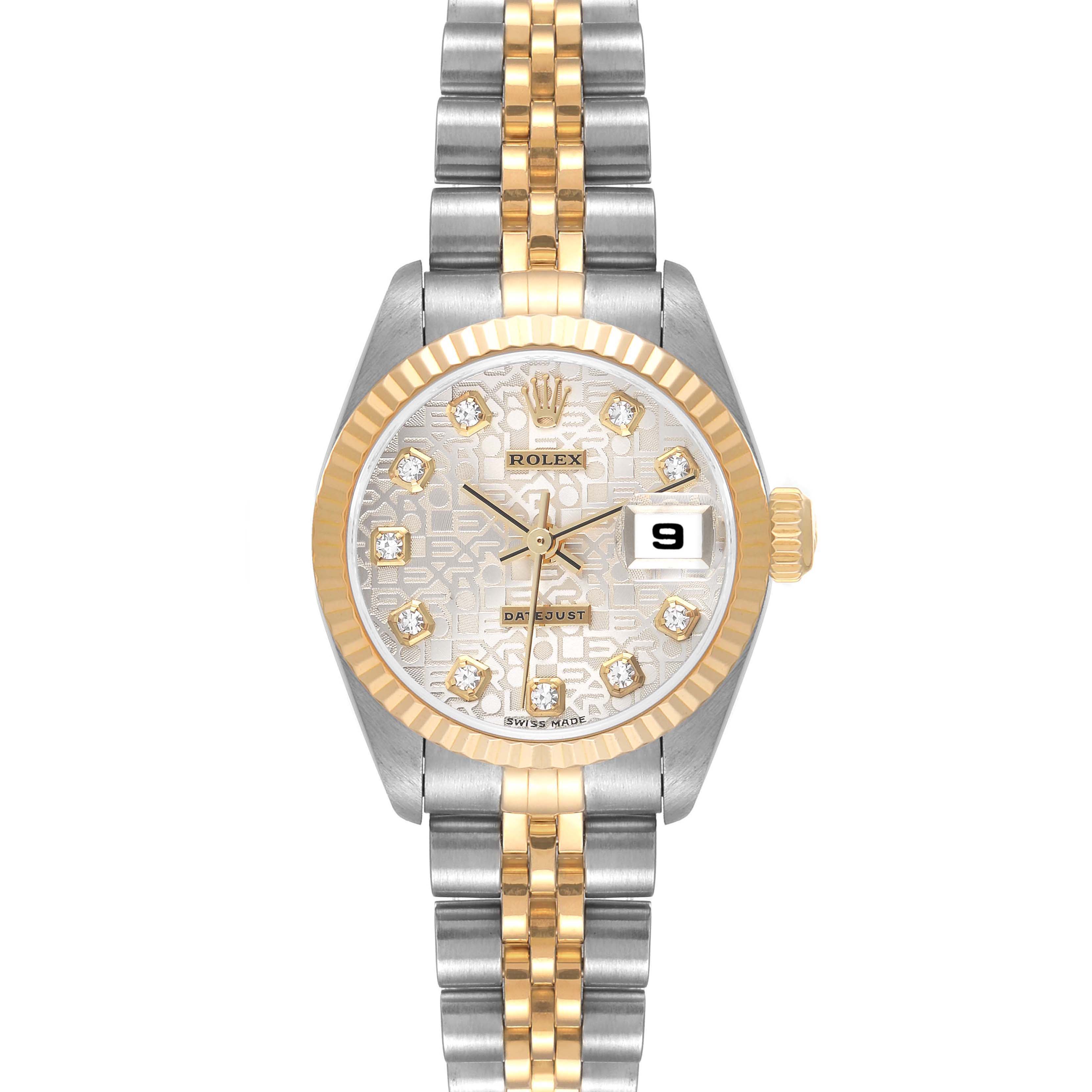 This image shows a front view of a Rolex Datejust 79173 Women's Steel and Gold (two tone) Silver Dial 79173 Women's Steel and Gold (two tone) Silver Dial watch, highlighting the face, bezel, crown, and mixed-metal bracelet.