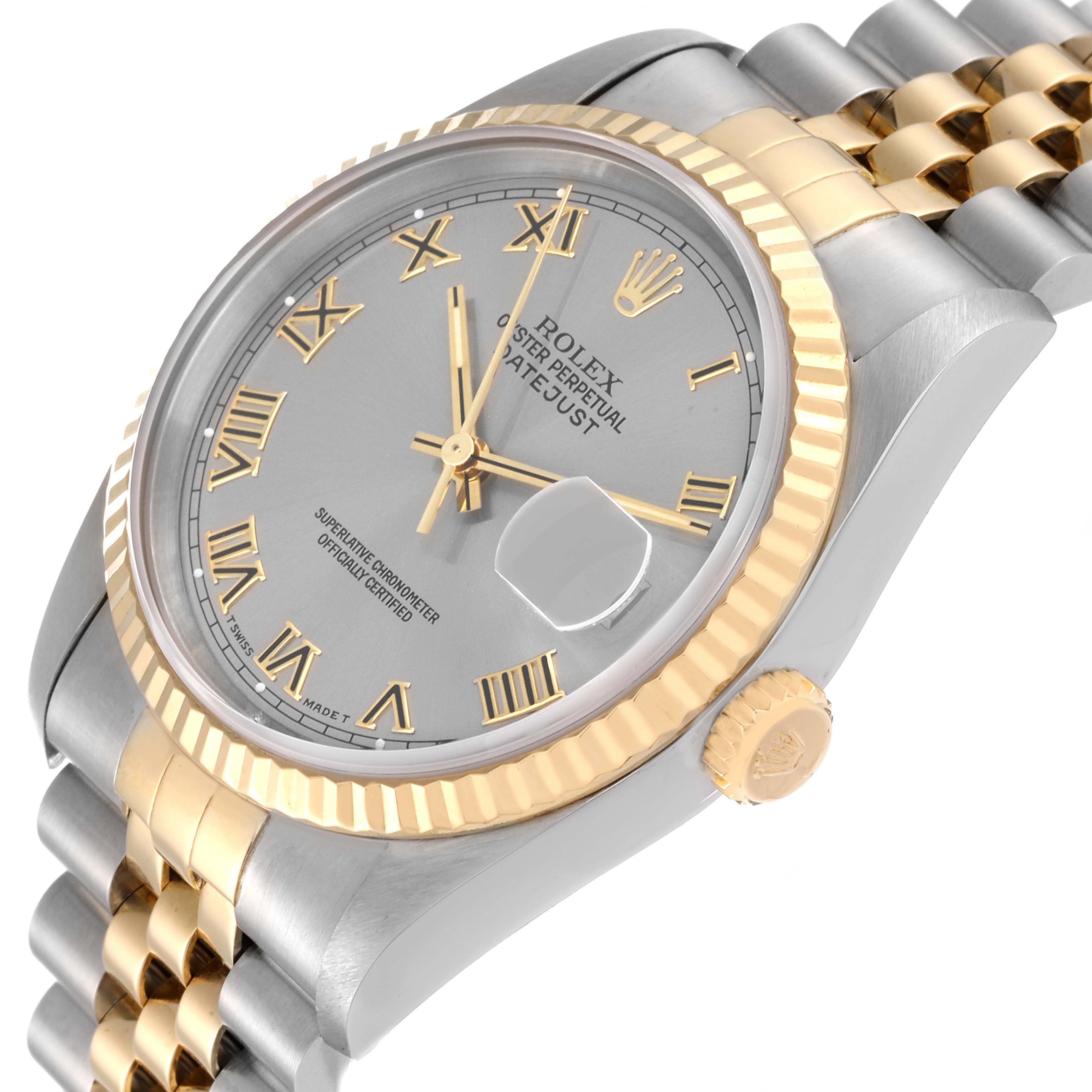 The image shows a side and angled view of a Rolex Datejust 16233 Men's Steel and Gold (two tone) Grey Dial 16233 Men's Steel and Gold (two tone) Grey Dial watch, highlighting the dial, fluted bezel, and jubilee bracelet.