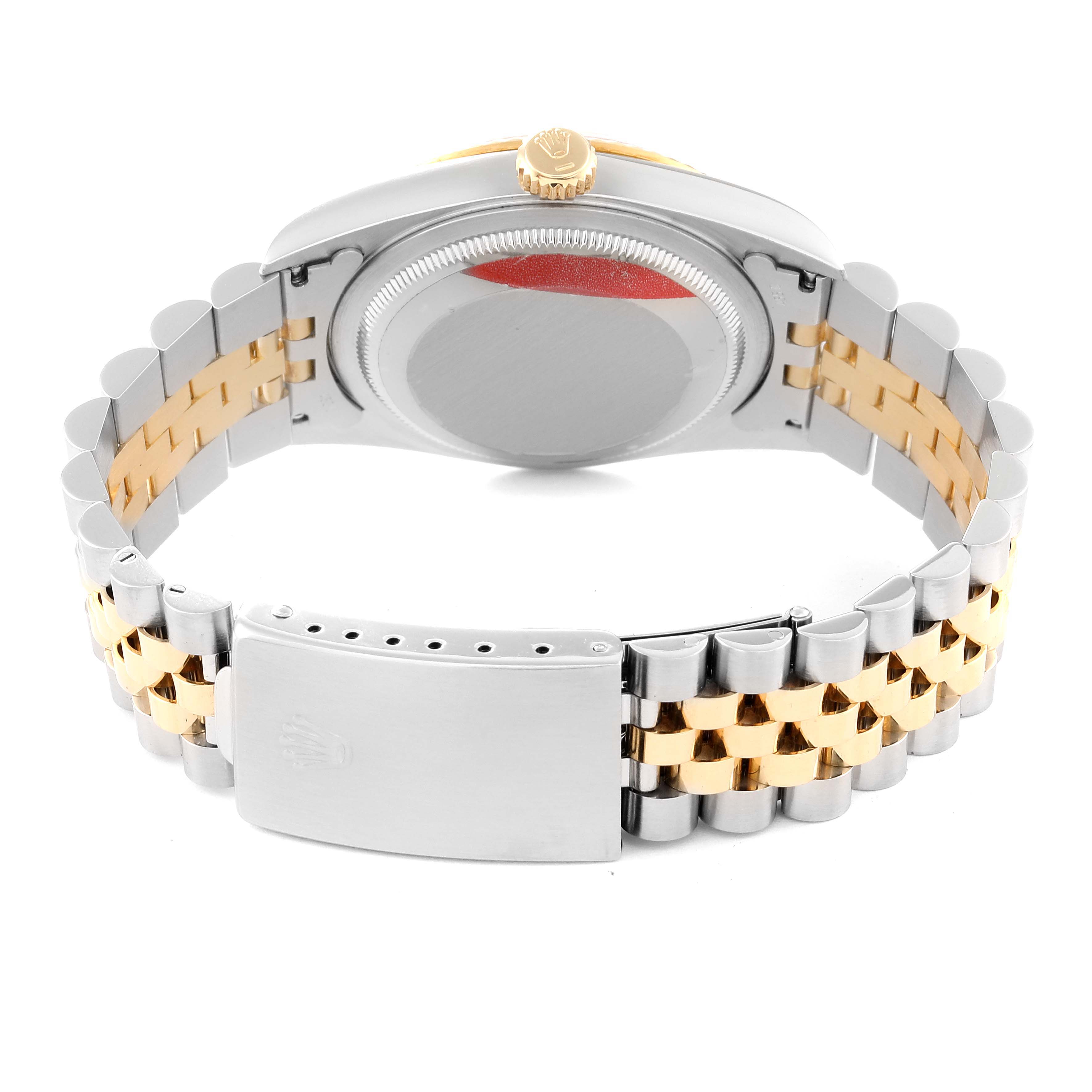 The image shows the back of the Rolex Datejust 16233 Men's Steel and Gold (two tone) Grey Dial 16233 Men's Steel and Gold (two tone) Grey Dial watch with its bracelet and clasp clearly visible.