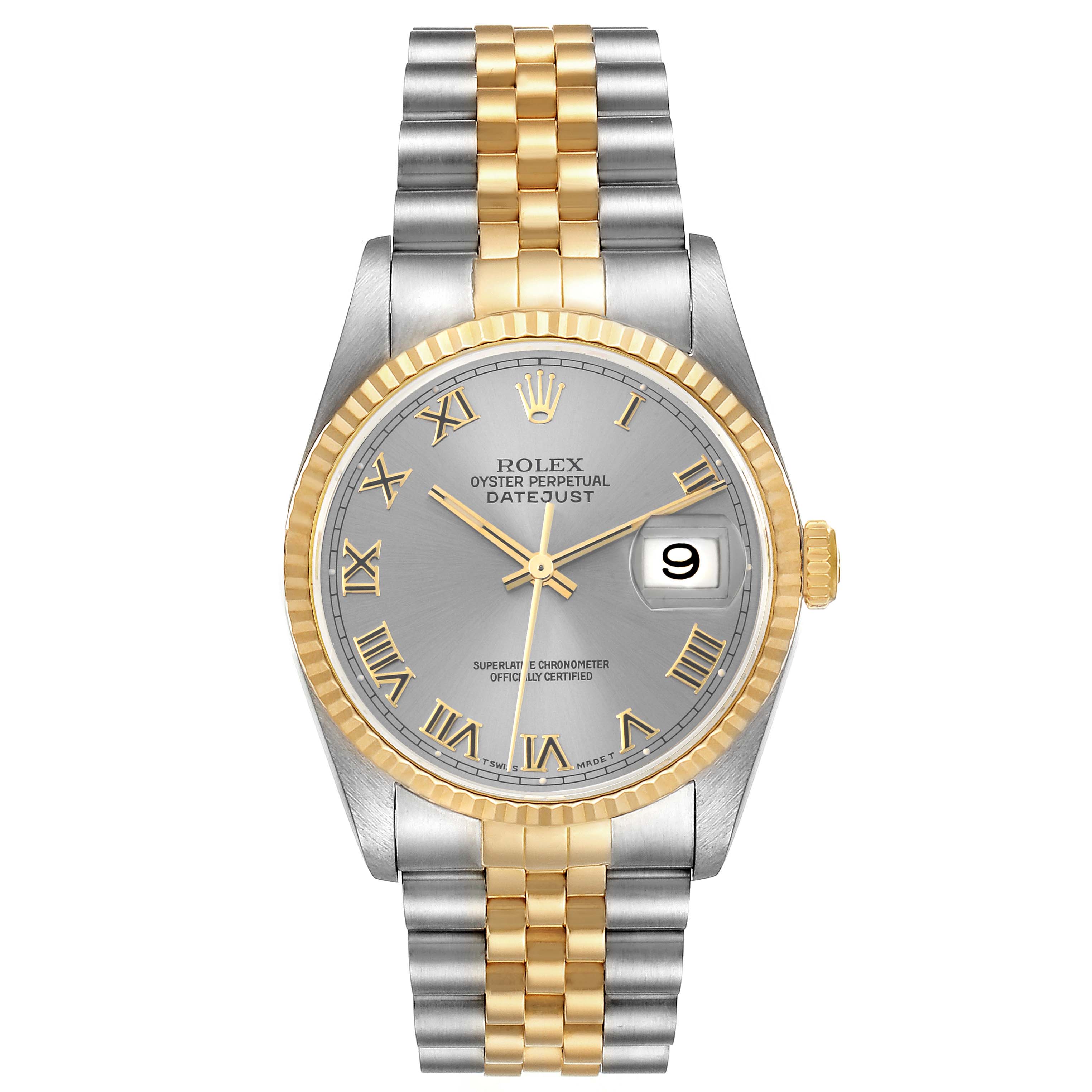 This image shows a front view of a Rolex Datejust 16233 Men's Steel and Gold (two tone) Grey Dial 16233 Men's Steel and Gold (two tone) Grey Dial watch, featuring its dial, bezel, and bracelet.