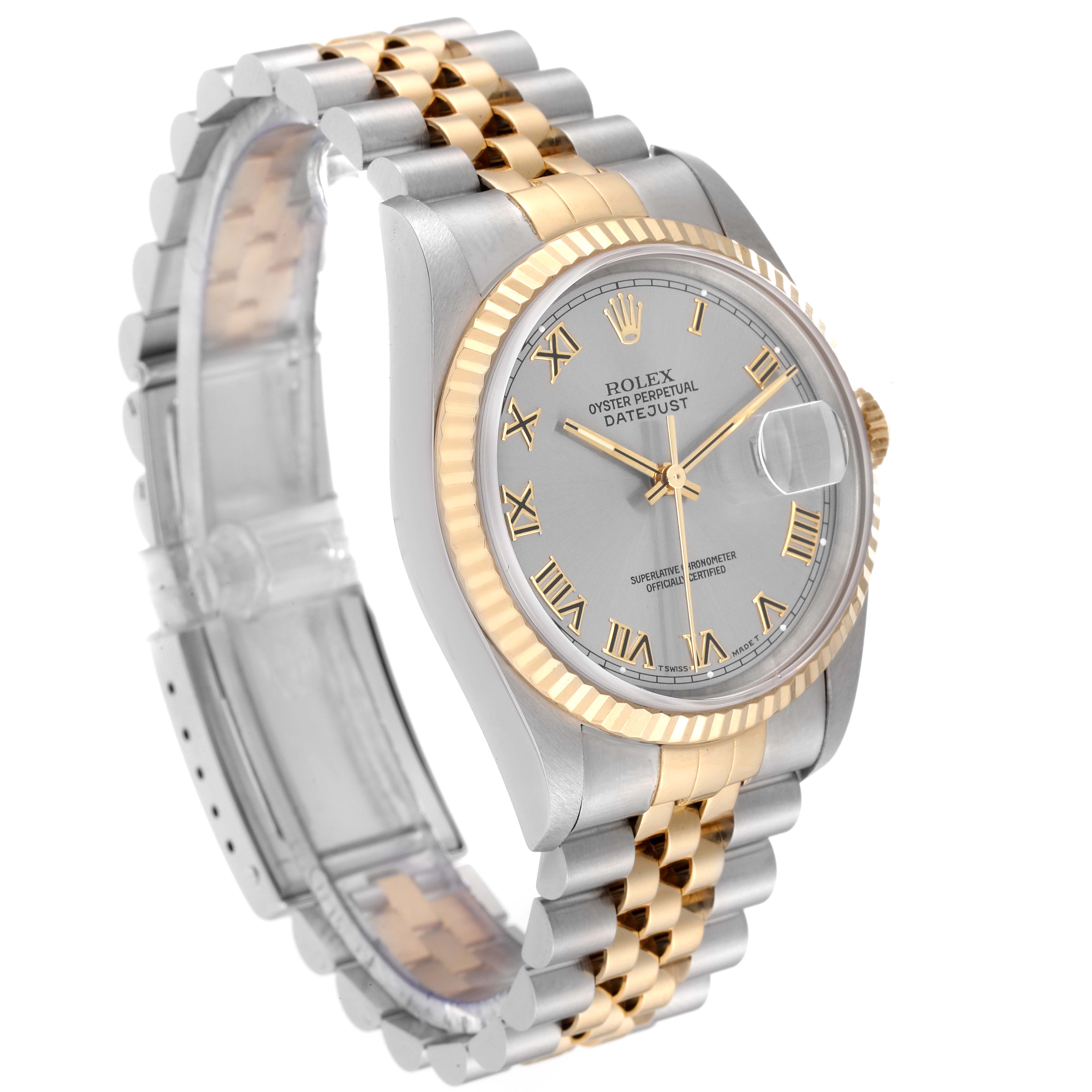 The image shows a Rolex Datejust 16233 Men's Steel and Gold (two tone) Grey Dial 16233 Men's Steel and Gold (two tone) Grey Dial watch at a three-quarter angle, highlighting the face, bezel, and bracelet.