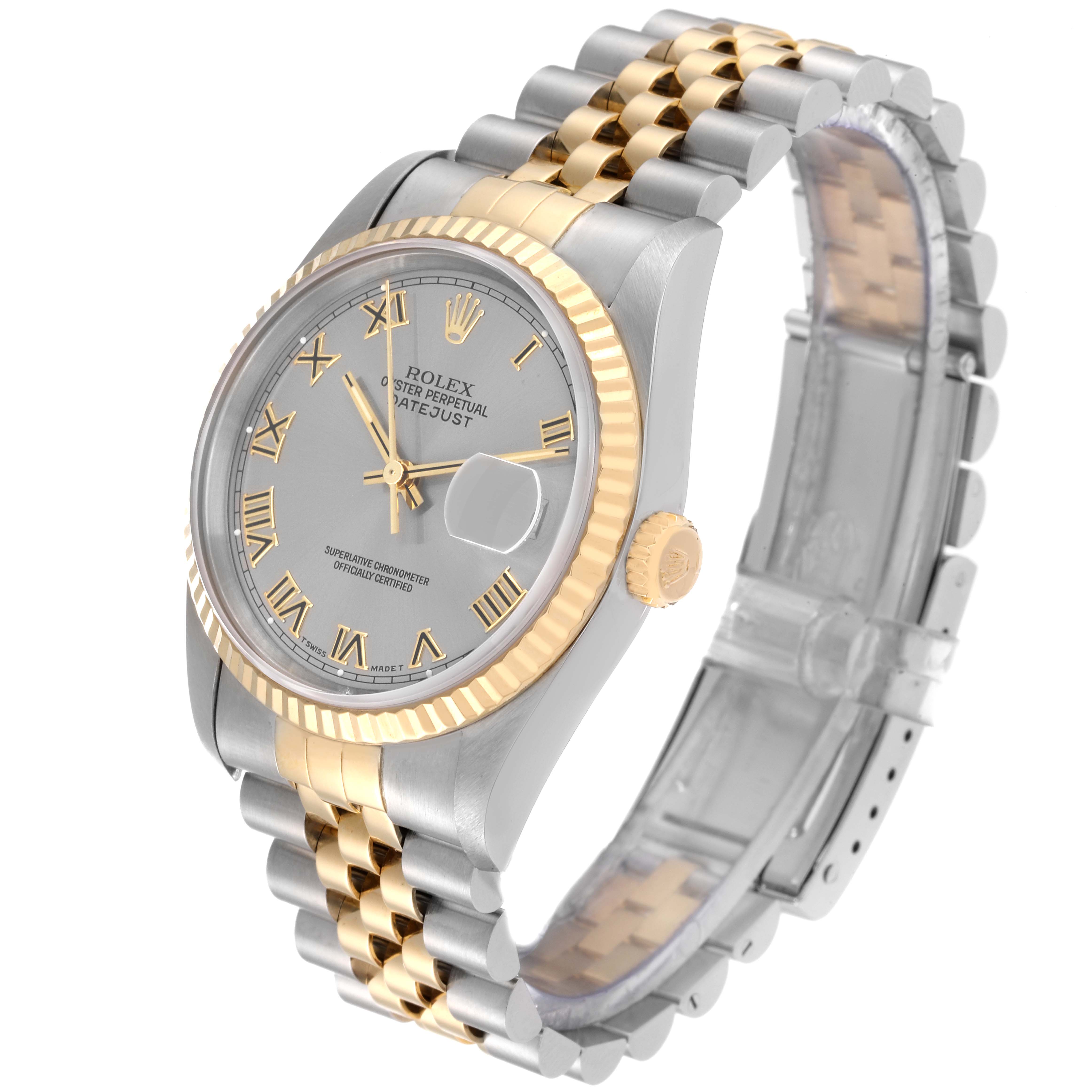 The image shows a Rolex Datejust 16233 Men's Steel and Gold (two tone) Grey Dial 16233 Men's Steel and Gold (two tone) Grey Dial watch at a 3/4 angle, displaying its face, bezel, crown, and two-tone bracelet.