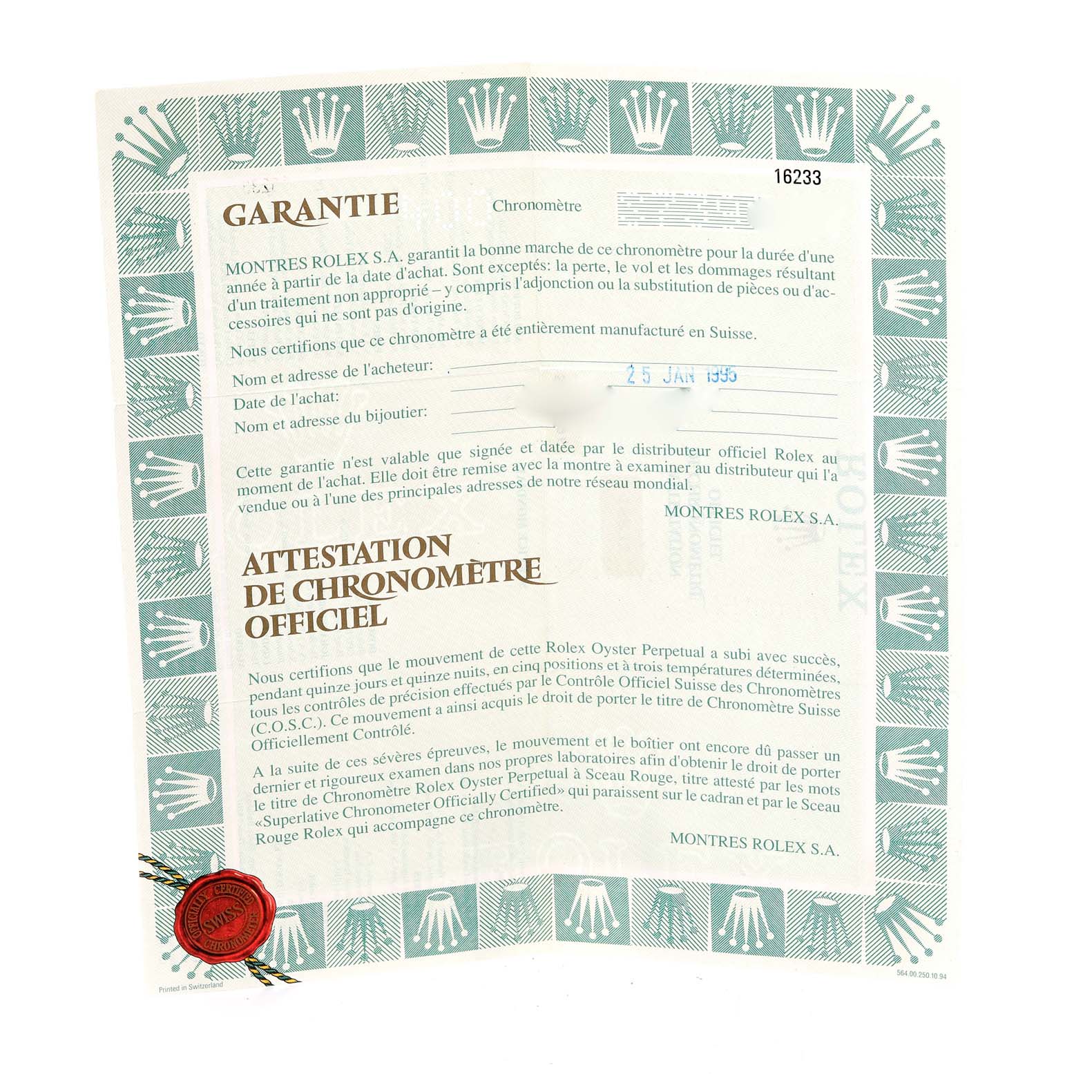 This image shows a warranty and chronometer certification document for a Rolex Datejust 16233 Men's Steel and Gold (two tone) Grey Dial 16233 Men's Steel and Gold (two tone) Grey Dial model.