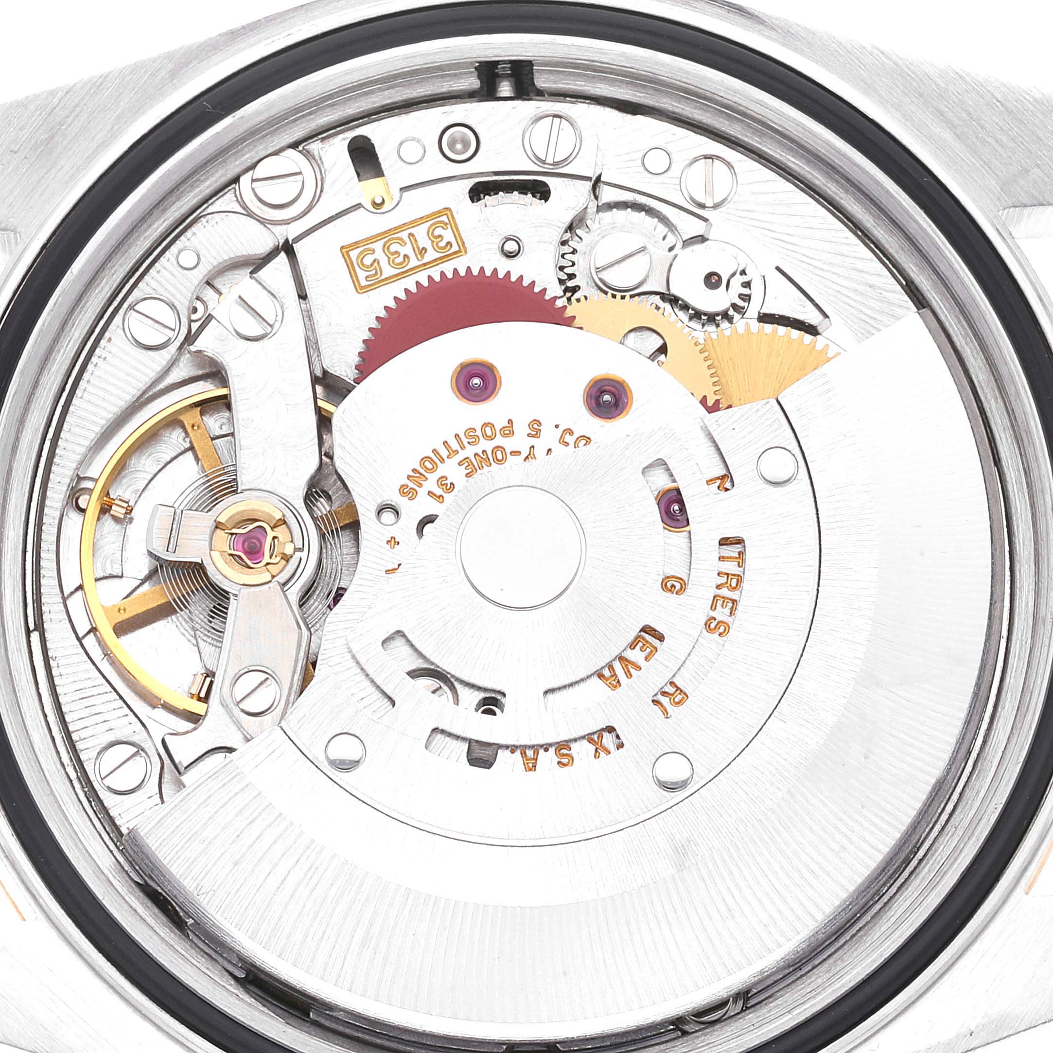 This image shows the inner mechanical movement of a Rolex Datejust 16233 Men's Steel and Gold (two tone) Grey Dial 16233 Men's Steel and Gold (two tone) Grey Dial watch from a back angle.