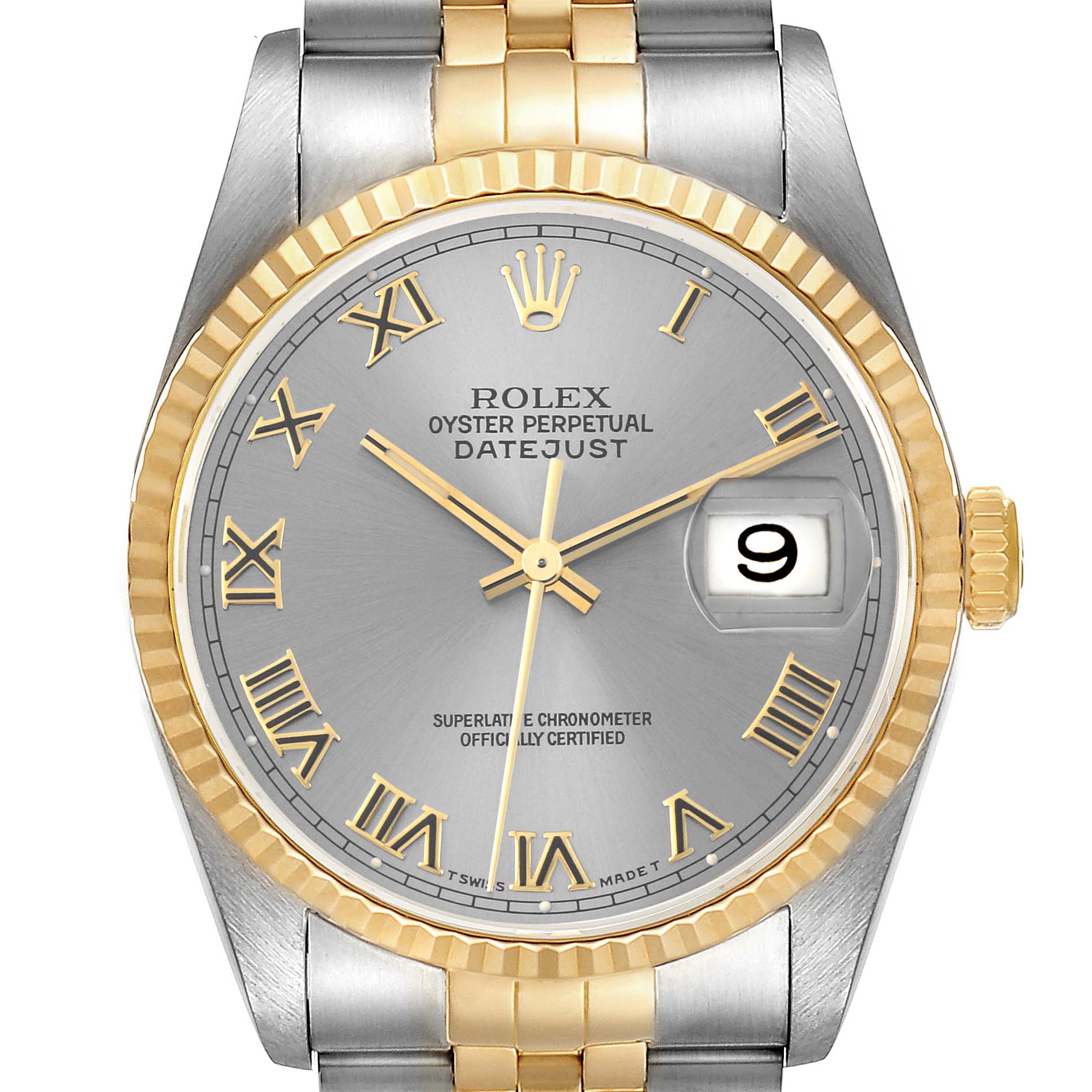 The image shows a front view of the Rolex Datejust 16233 Men's Steel and Gold (two tone) Grey Dial 16233 Men's Steel and Gold (two tone) Grey Dial watch featuring a silver dial, gold Roman numerals, and a cyclops date window.