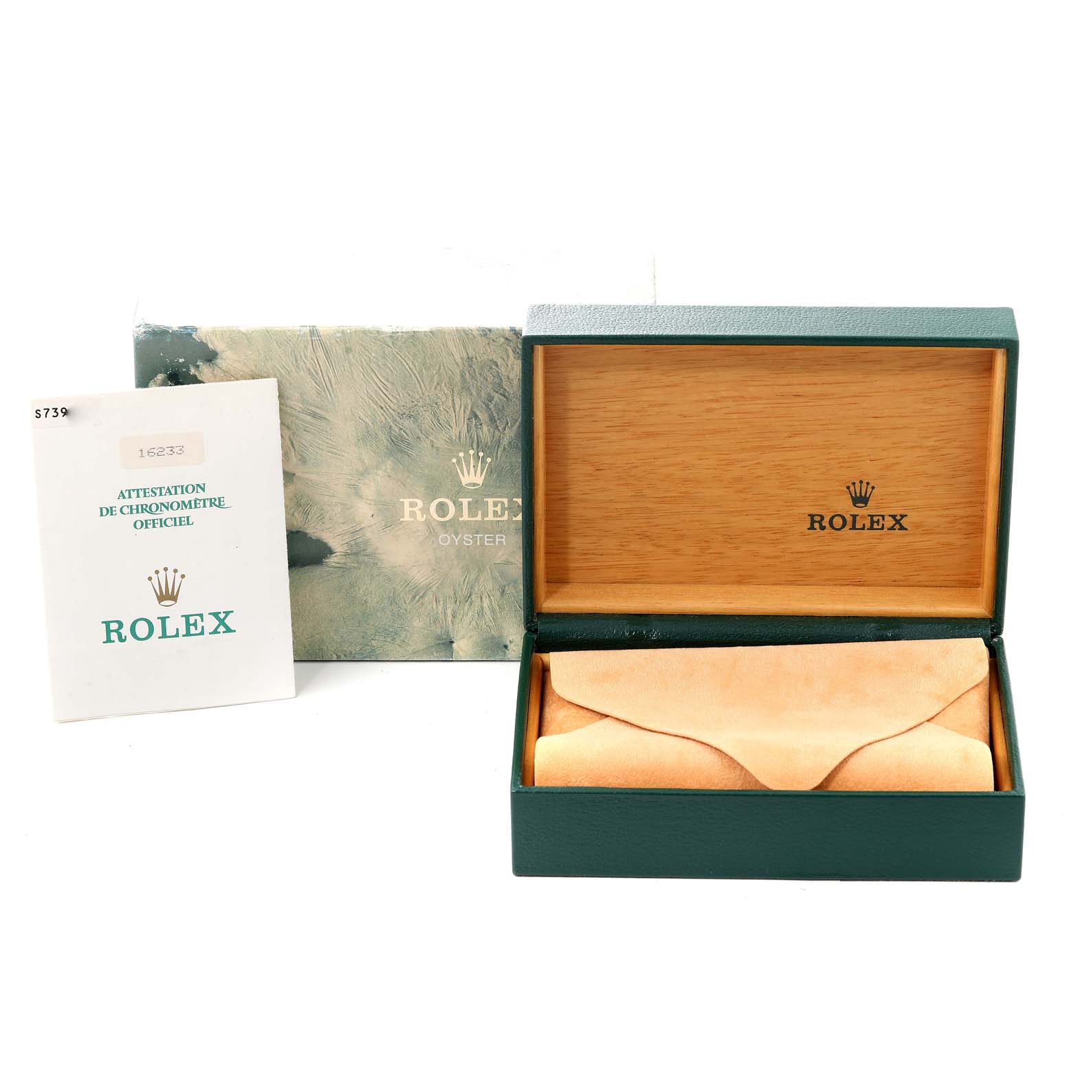 The image shows the packaging, official chronometer certificate, and an empty display box for a Rolex Datejust 16233 Men's Steel and Gold (two tone) Grey Dial 16233 Men's Steel and Gold (two tone) Grey Dial watch.