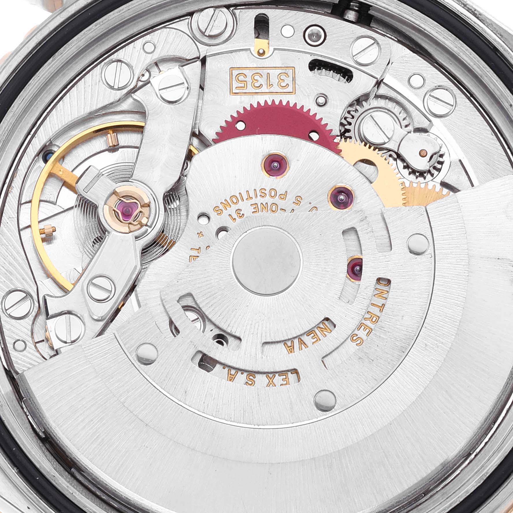 This image shows a close-up of the movement mechanism inside a Rolex Turn-o-Graph 16263 Men's Steel and Gold (two tone) White Dial 16263 Men's Steel and Gold (two tone) White Dial watch from a top-down angle.