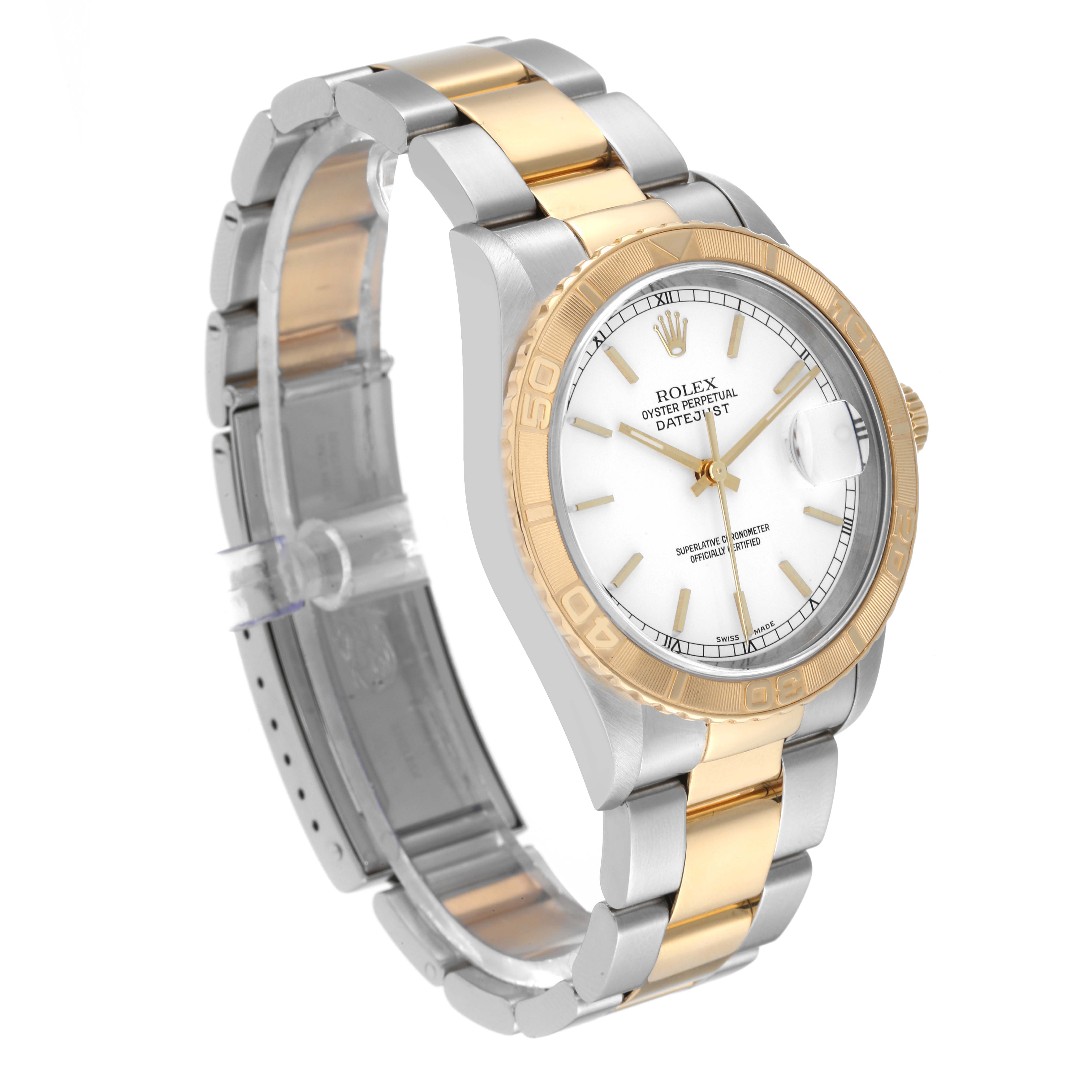 The image shows a Rolex Turn-o-Graph 16263 Men's Steel and Gold (two tone) White Dial 16263 Men's Steel and Gold (two tone) White Dial watch angled to display the face, bezel, and bracelet clearly.