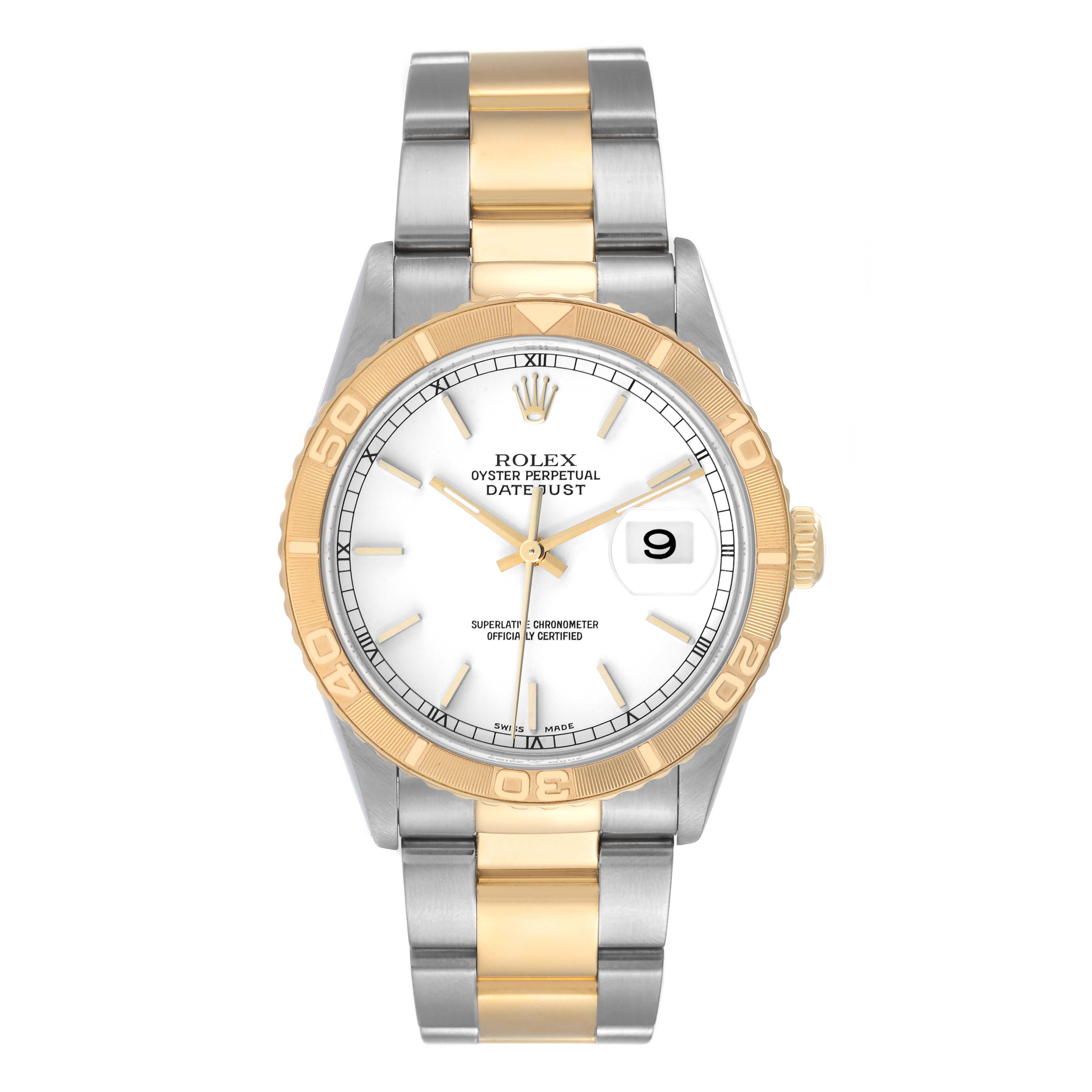 This image shows a front view of a Rolex Turn-o-Graph 16263 Men's Steel and Gold (two tone) White Dial 16263 Men's Steel and Gold (two tone) White Dial watch, highlighting its dial, bezel, and two-tone bracelet.