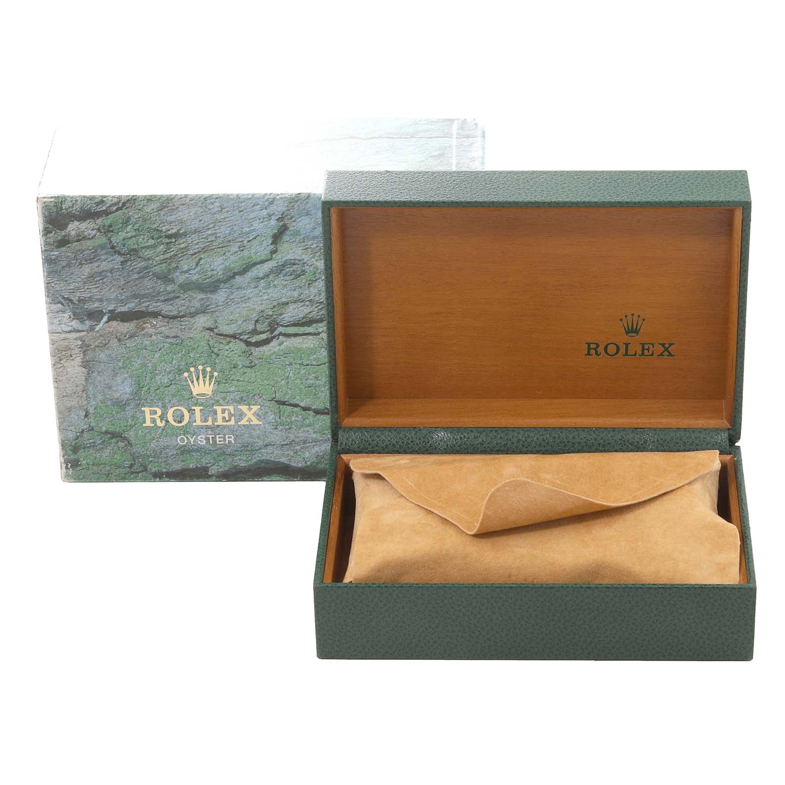 The image shows a green Rolex watch box, open to reveal a suede pillow for a Rolex Turn-o-Graph 16263 Men's Steel and Gold (two tone) White Dial 16263 Men's Steel and Gold (two tone) White Dial model, alongside its outer packaging.