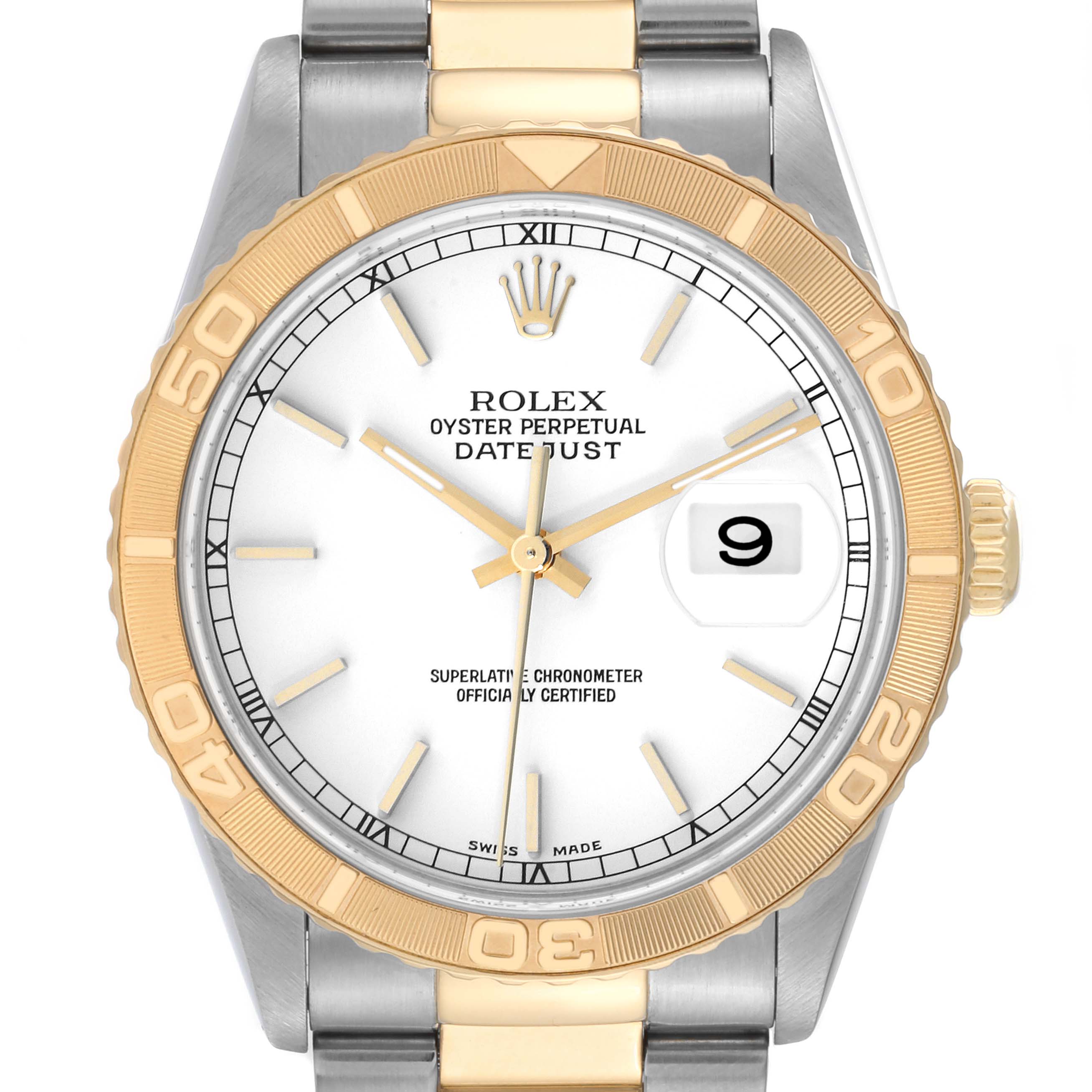 The image shows a Rolex Turn-o-Graph 16263 Men's Steel and Gold (two tone) White Dial 16263 Men's Steel and Gold (two tone) White Dial watch from the front, highlighting the dial, bezel, and part of the bracelet.