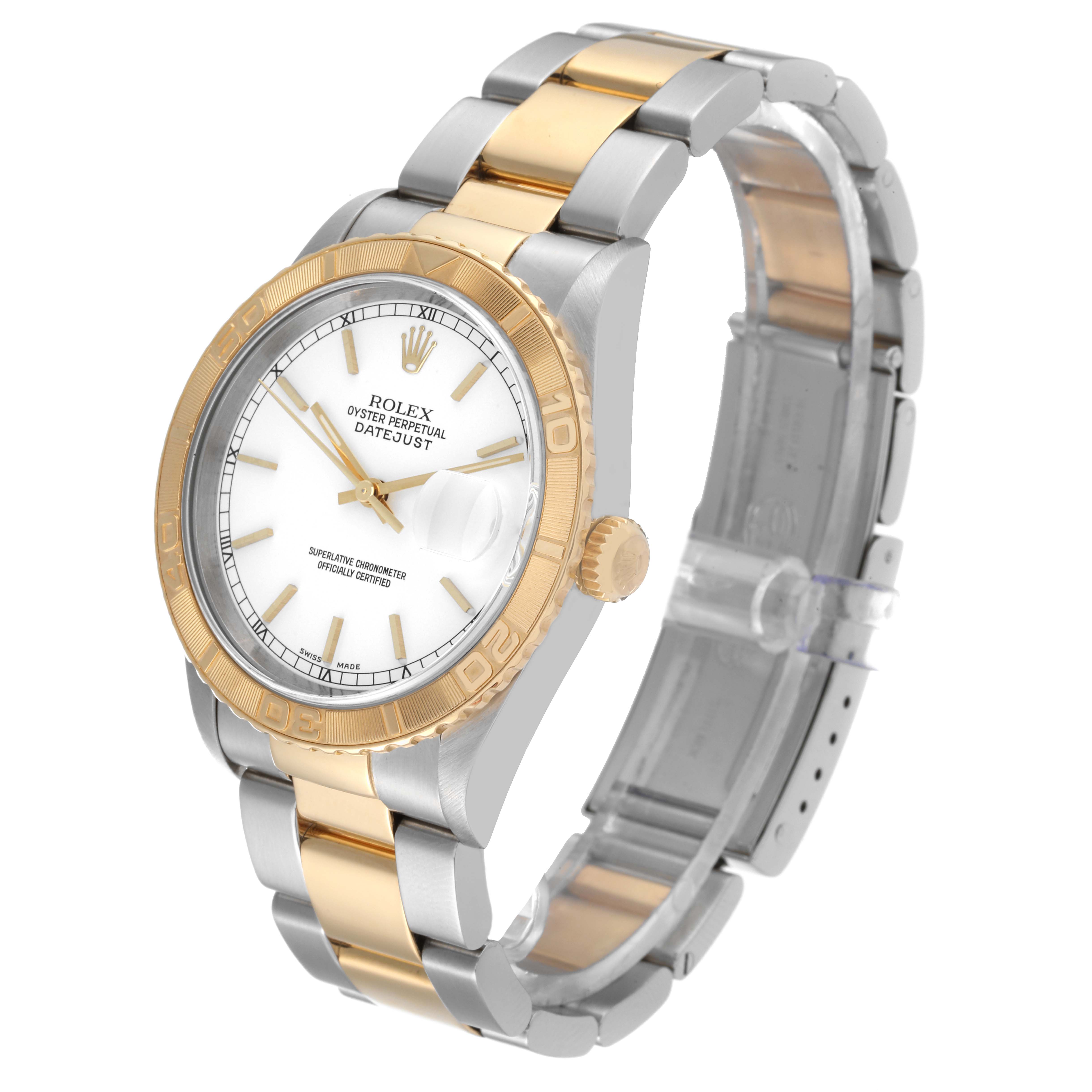 The image shows a side angle view of a Rolex Turn-o-Graph 16263 Men's Steel and Gold (two tone) White Dial 16263 Men's Steel and Gold (two tone) White Dial watch, highlighting the bezel, bracelet, and dial.