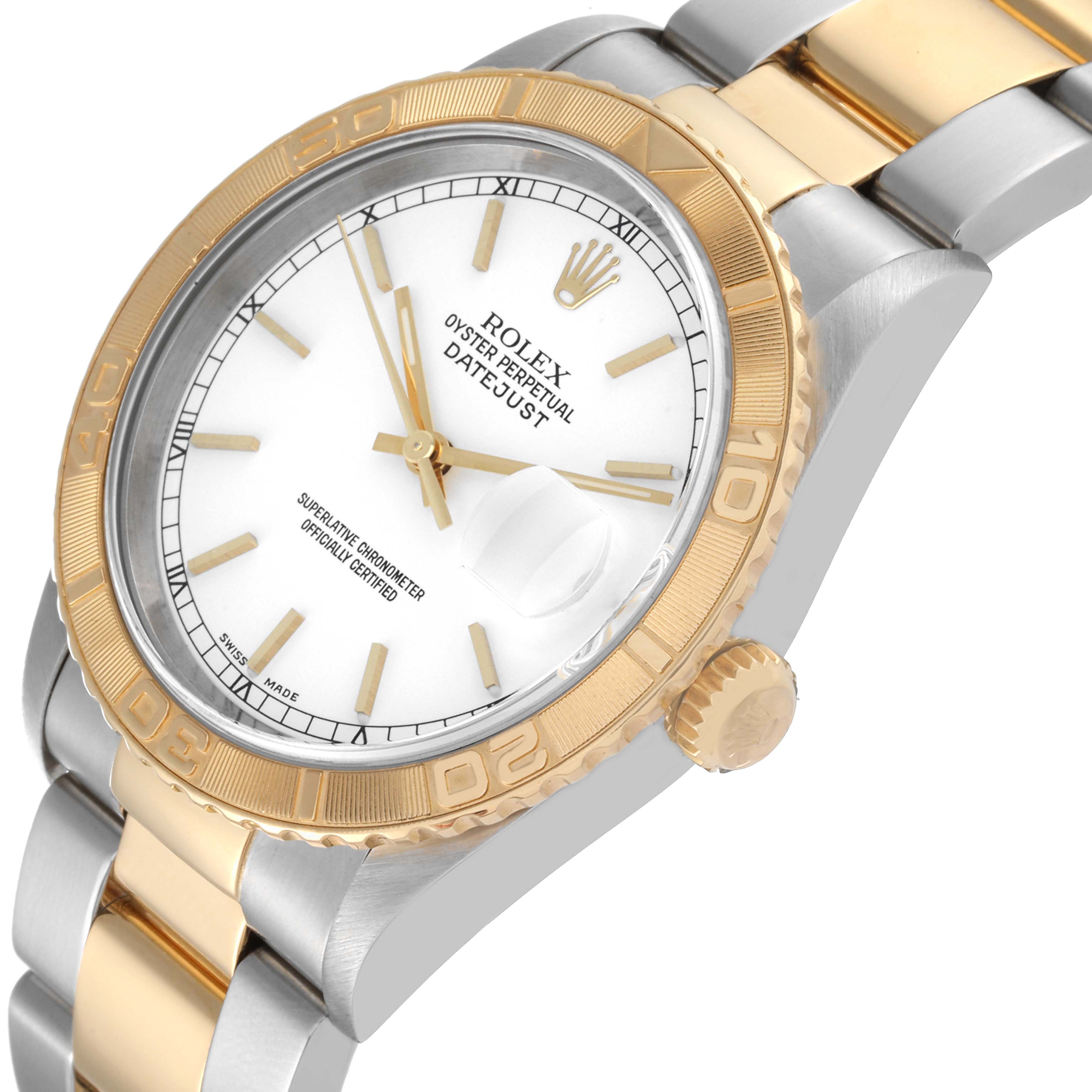 The image shows a Rolex Turn-o-Graph 16263 Men's Steel and Gold (two tone) White Dial 16263 Men's Steel and Gold (two tone) White Dial watch from an angled view, highlighting the face, bezel, and part of the bracelet.