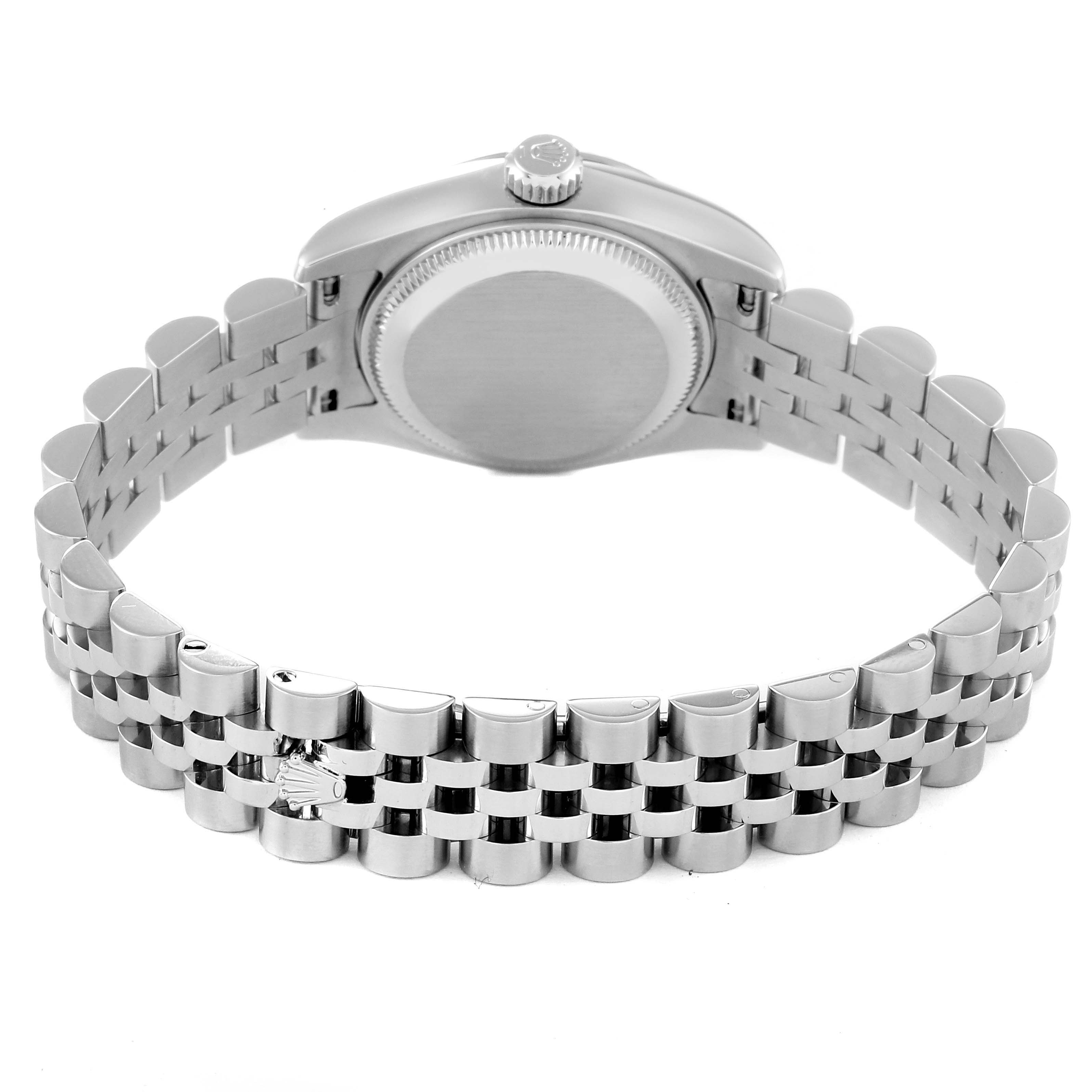 The image shows the backside and bracelet of a Rolex Datejust 179174 Women's Steel and Gold (two tone) Black Dial 179174 Women's Steel and Gold (two tone) Black Dial watch at a slight top-down angle.